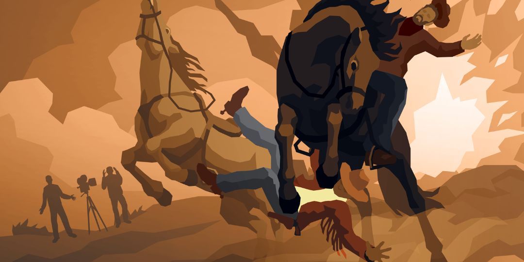 Two cowboys fight on horses.
