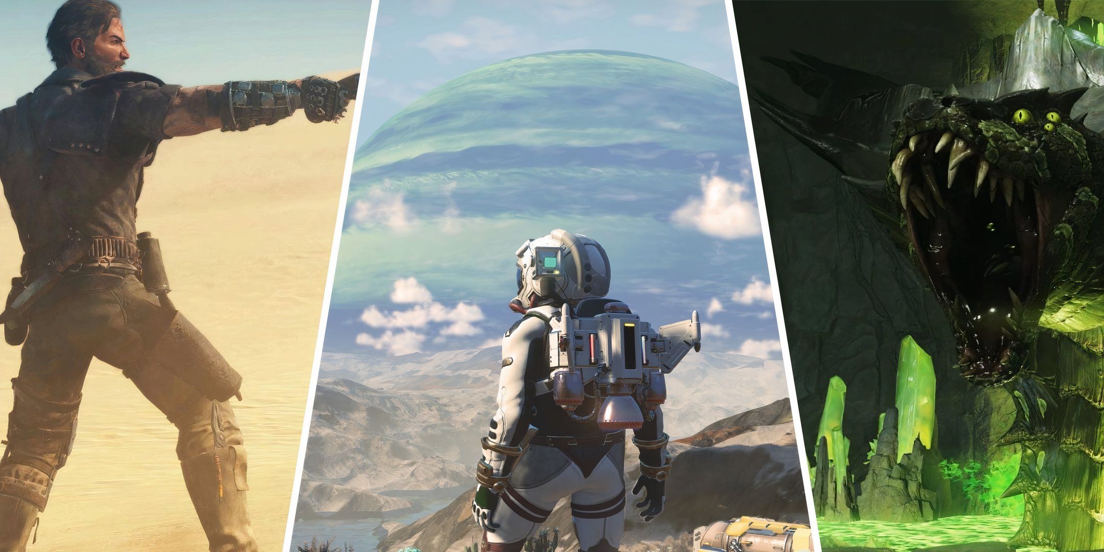 Two different protagonists posing from open-world games and a large green snake from Fallout 76.