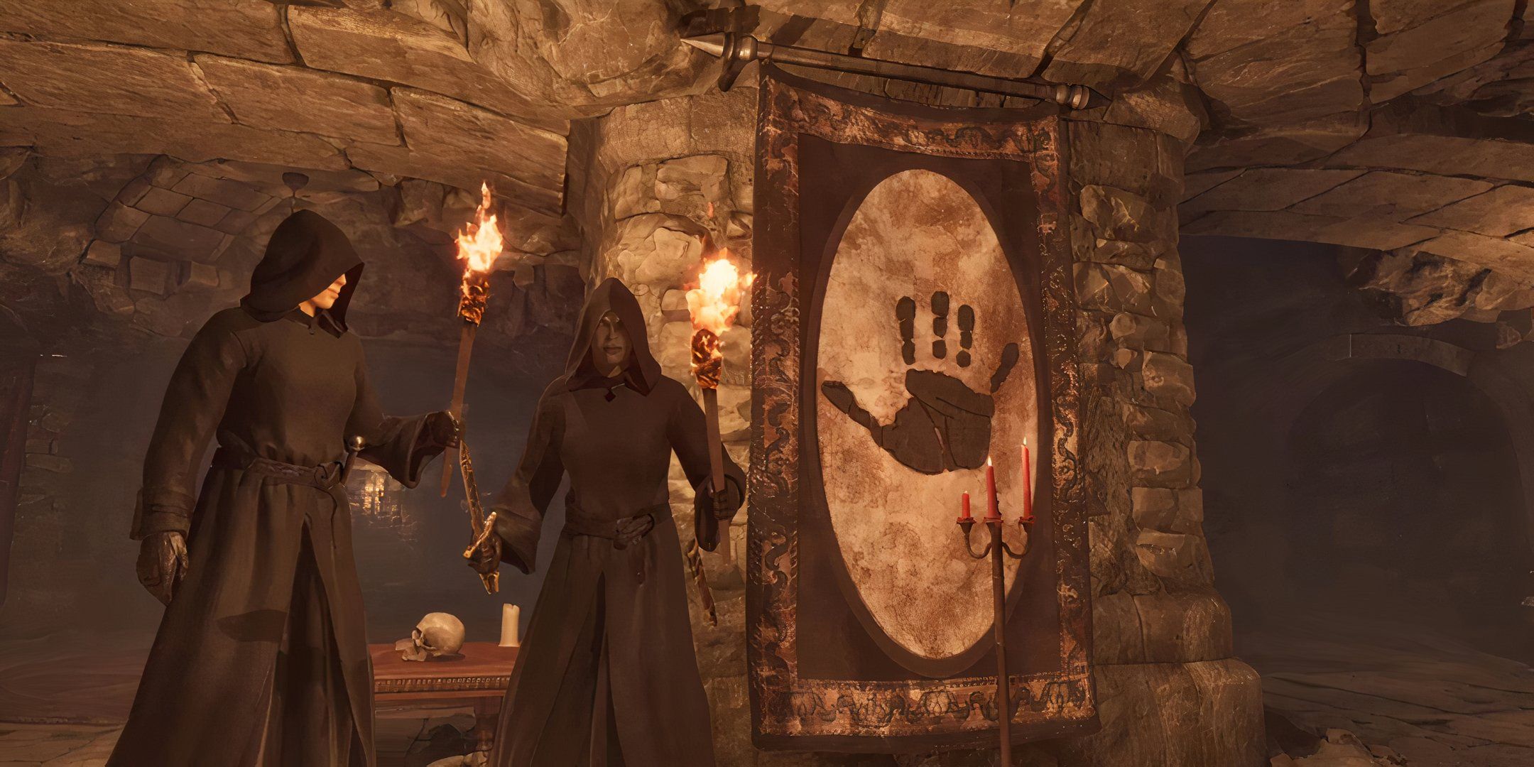 player standing next to arquen wearing black hand robes in he dark brotherhood sanctuary in oblivion remastered.