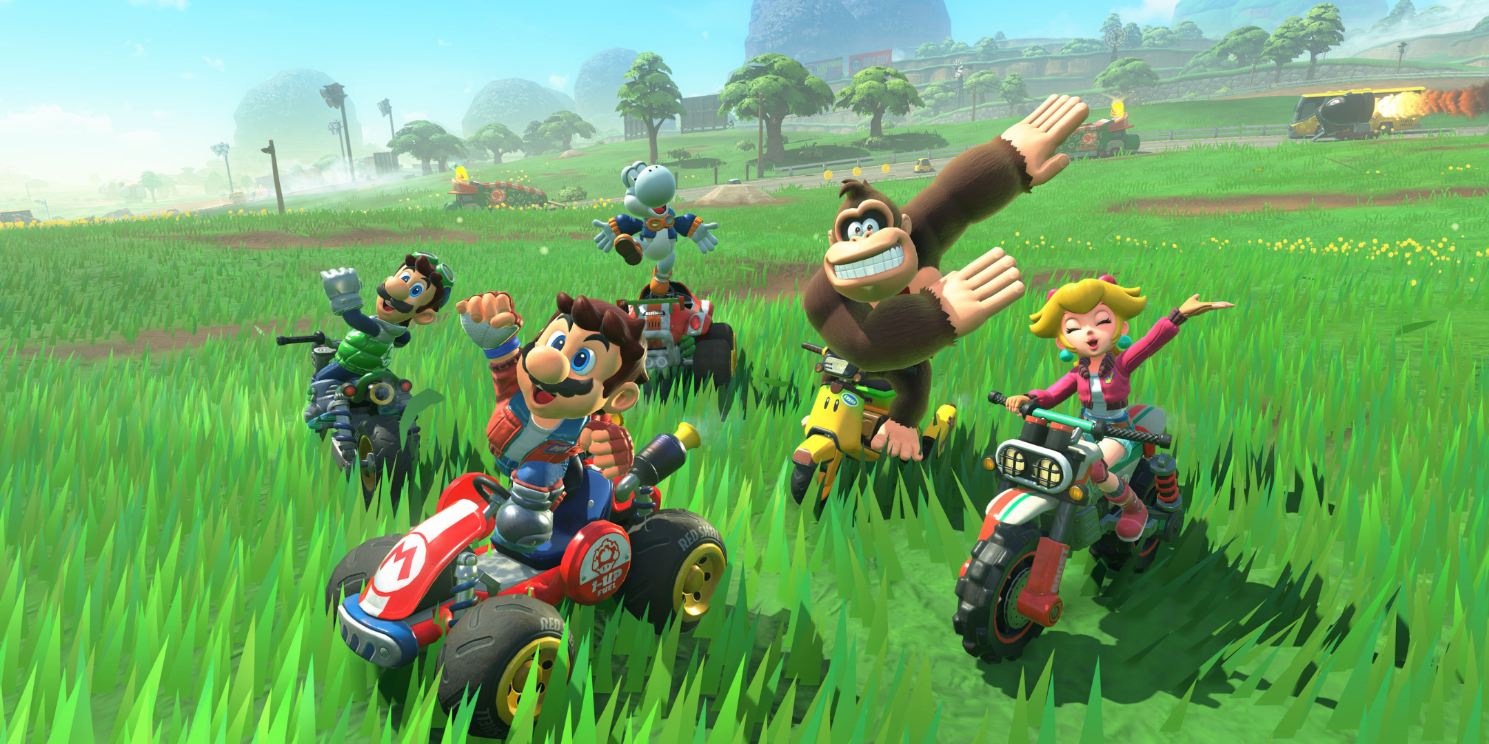 The gang pose for a group photo in Mario Kart World