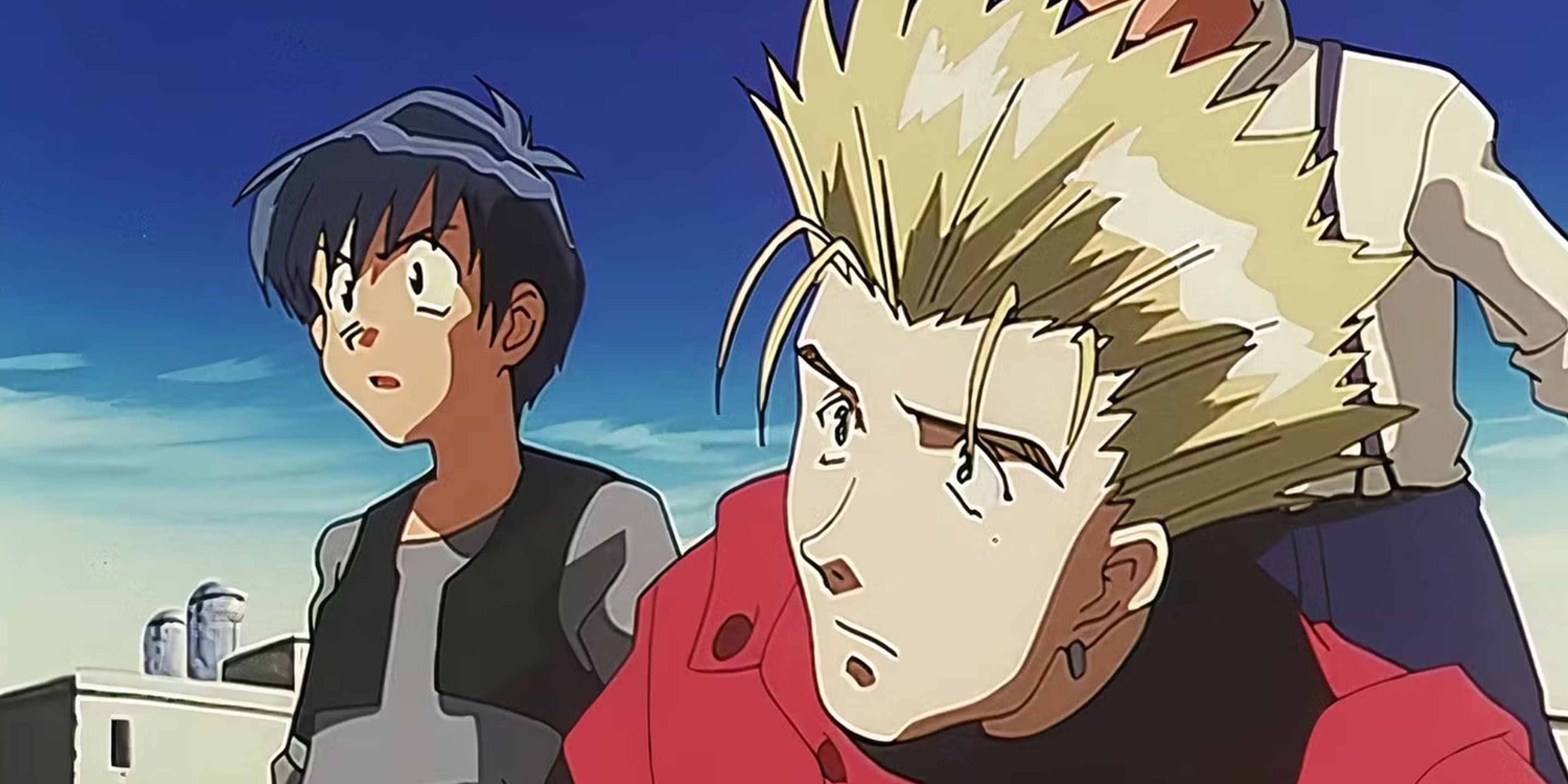 Vash the Stampede without his brand glasses looks at the distance in Trigun. 