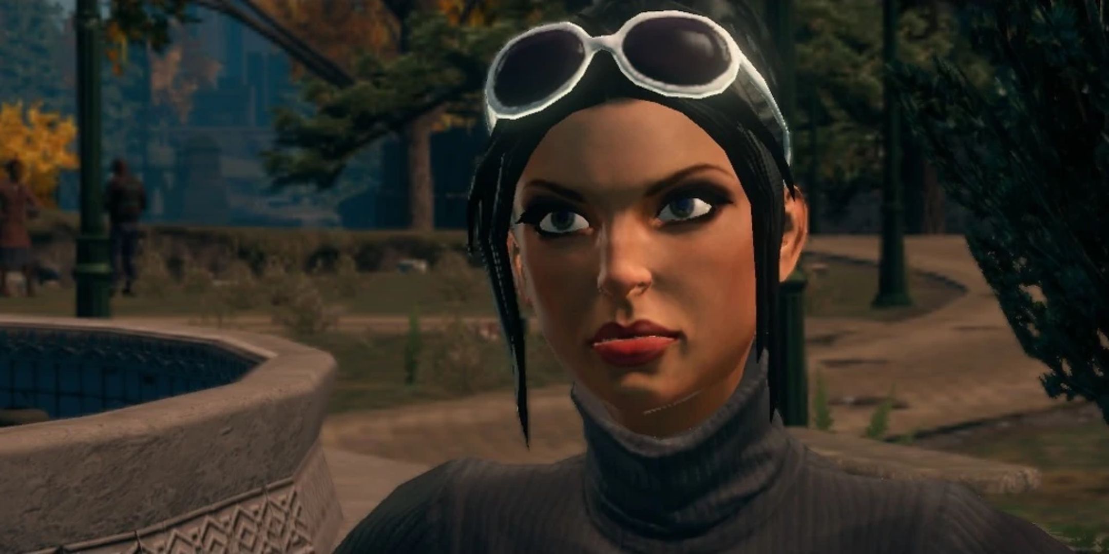 Viola with white glasses on her head in Saints Row The Third.