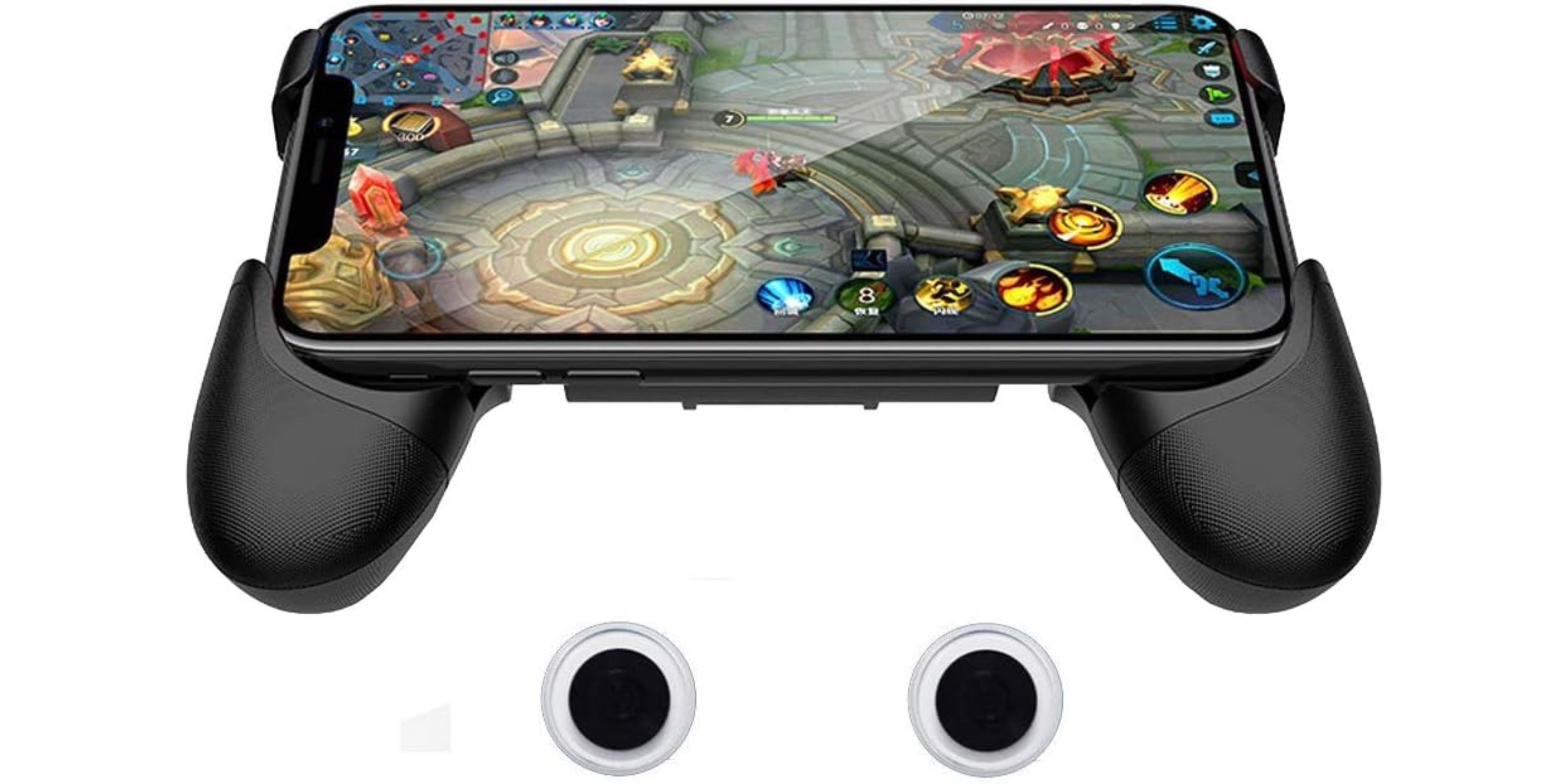 A cellphone is sitting in a gaming mount.