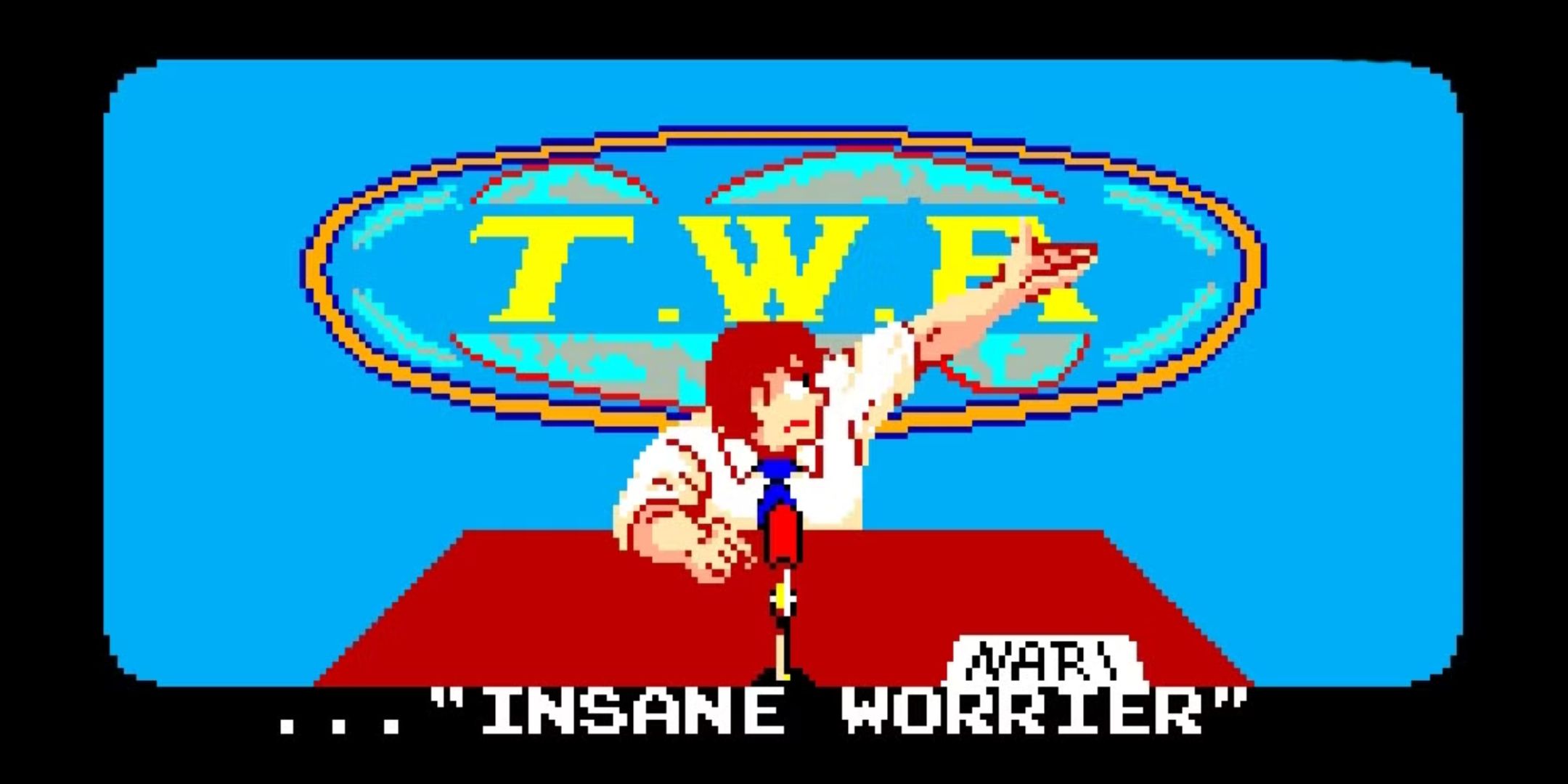 A guy announcing the Insane Worrier wrestler in Exciting Hour.