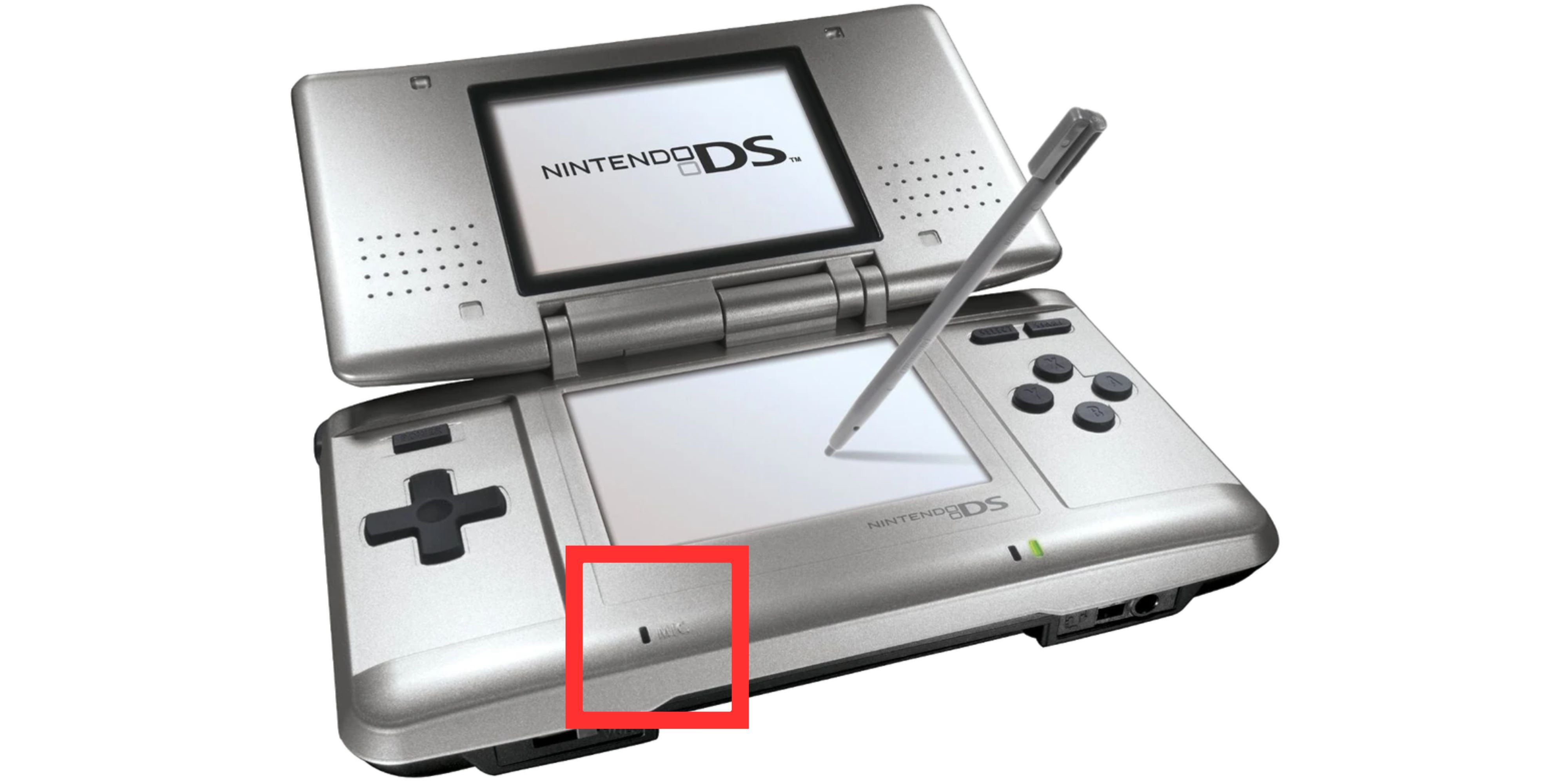 A Nintendo DS is shown on a white background with a red square around its microphone.