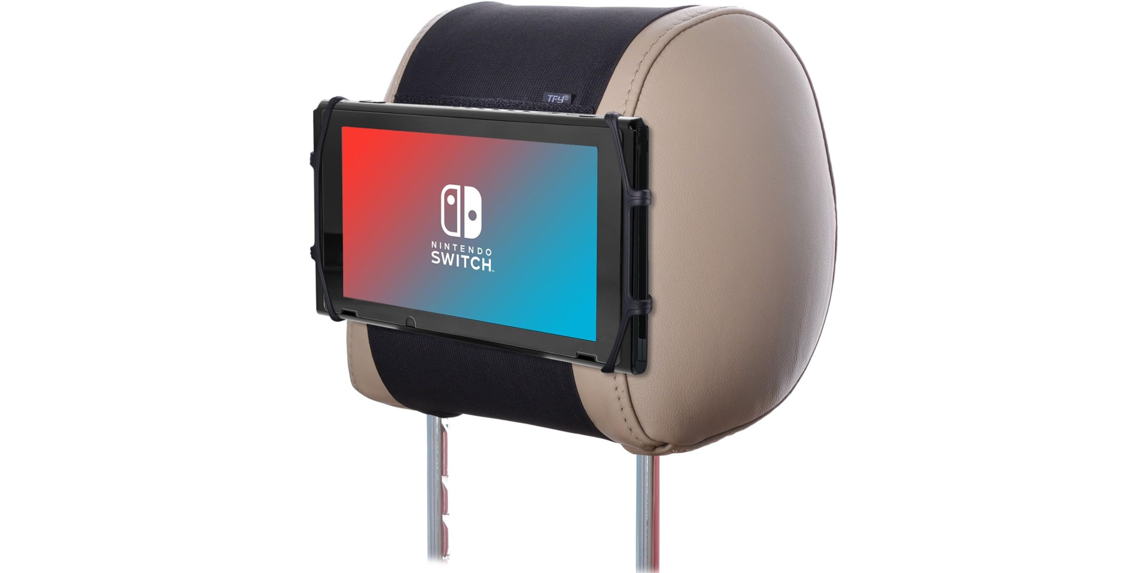A Nintendo Switch is mounted to the back of a car headrest.