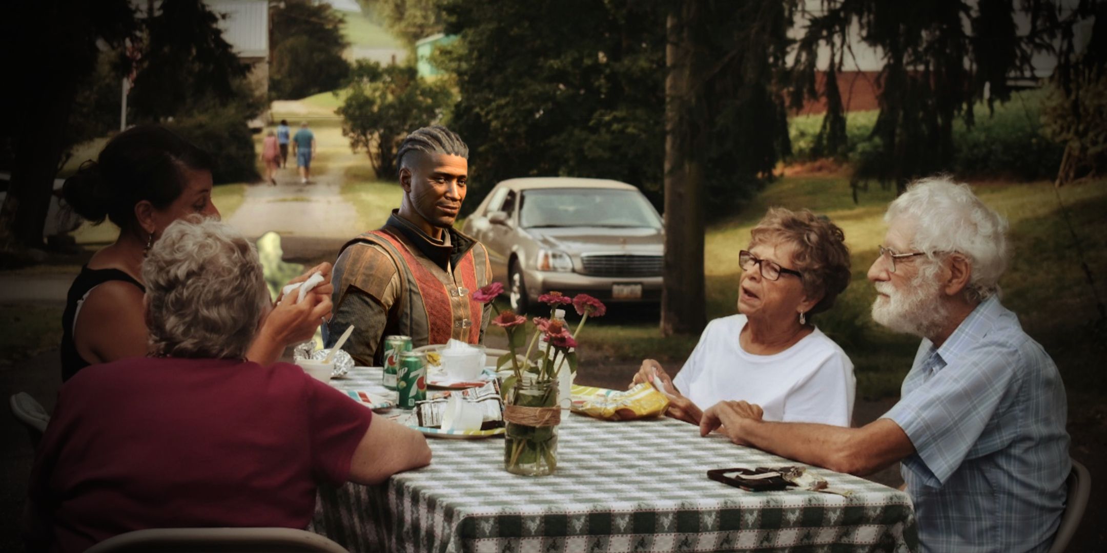 A photo of a family at a table outside for a cookout, Wyll from BG3 is on the far end of the table.