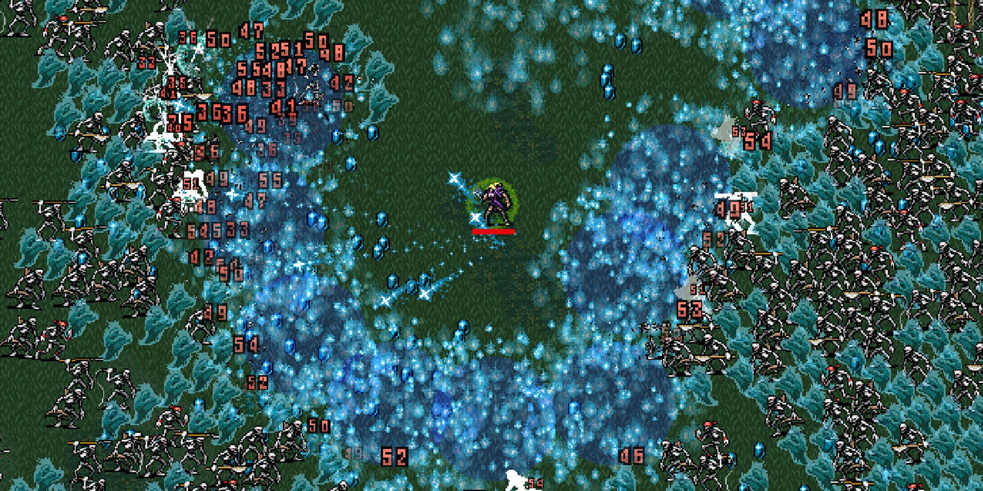 A survivors unleashes all their powers against hordes of monsters in Vampire Survivors.