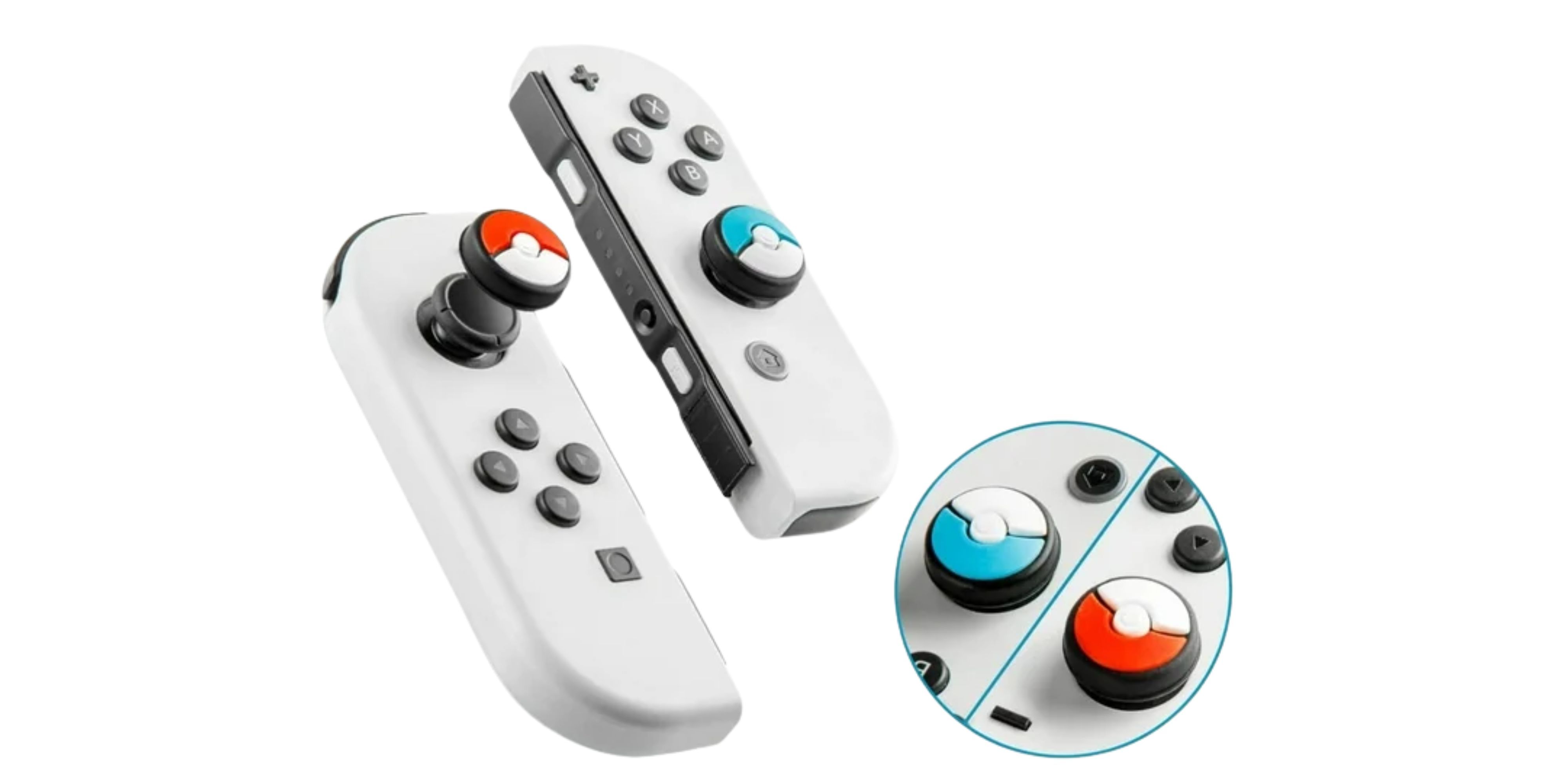 A Switch Joy-Con is set up with pokeball joystick caps.