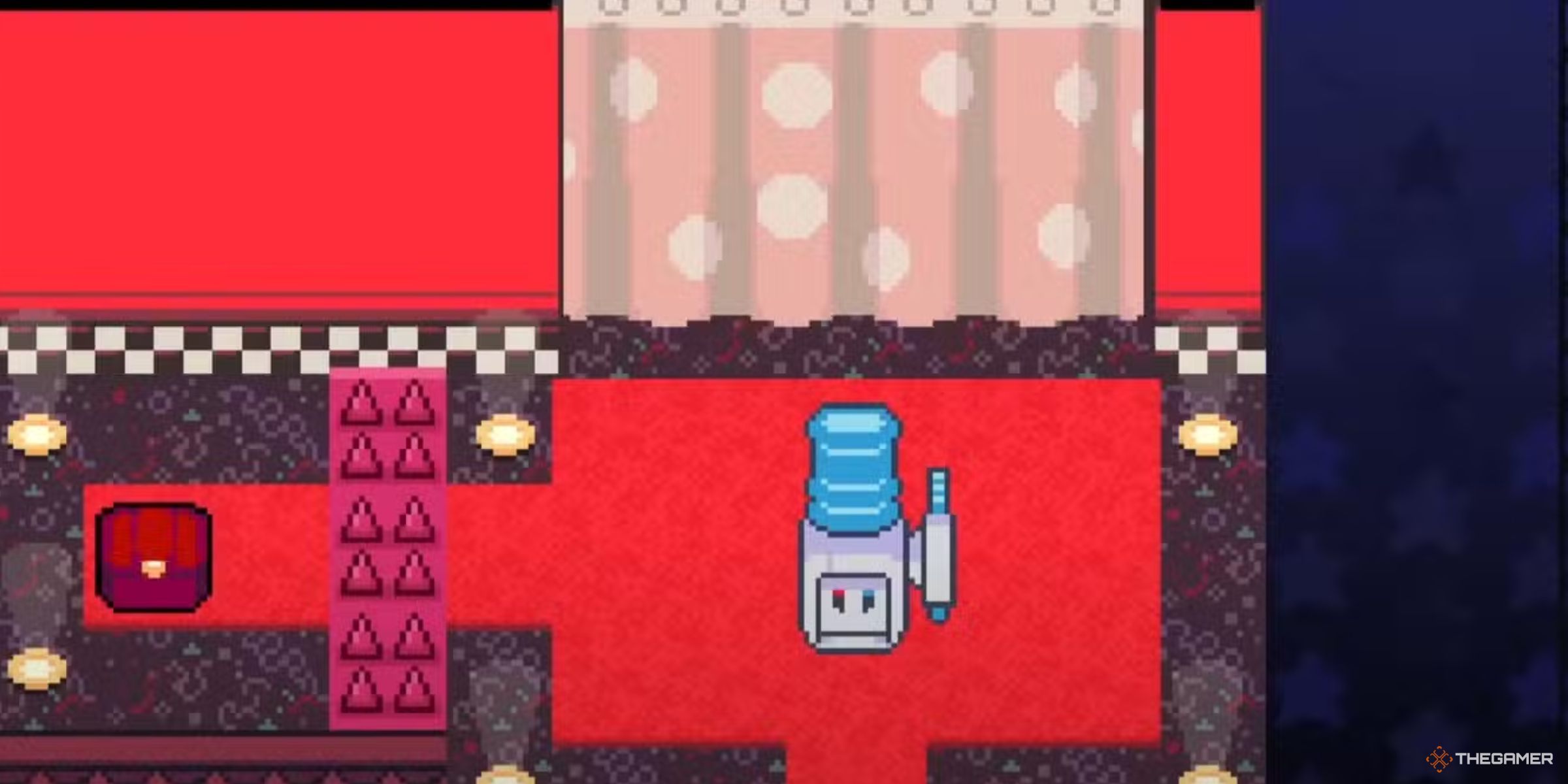A totally not suspicious water cooler next to a chest in the backstage of the TV set in Deltarune Chapter 3.