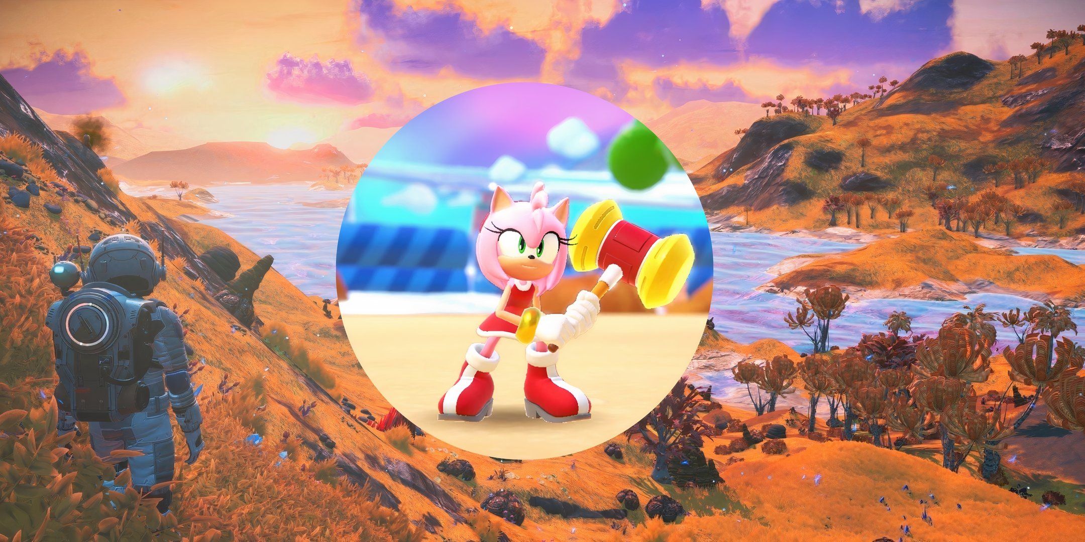 Amy from Sonic standing in front of a No Man's Sky Planet.