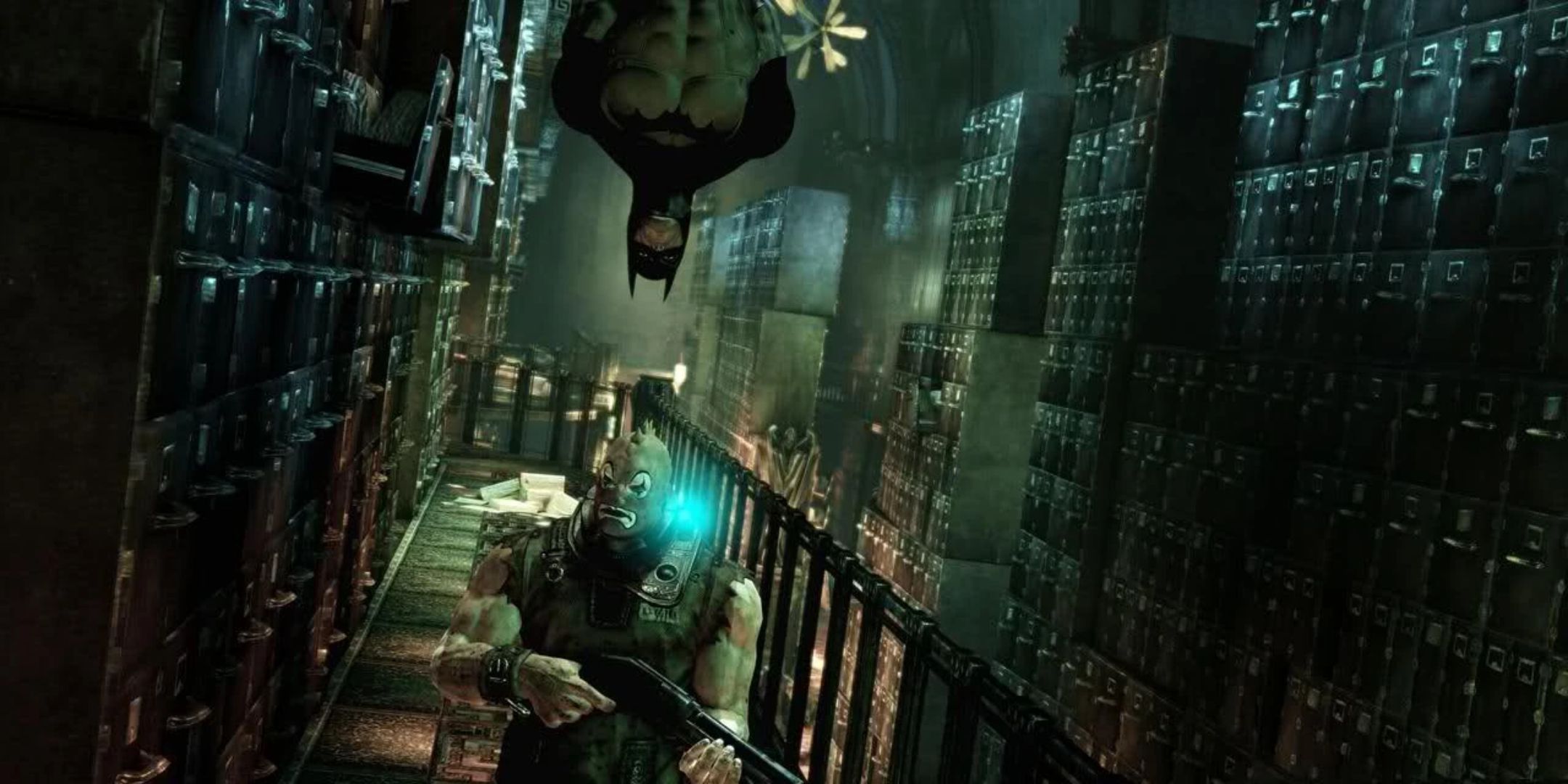 Batman hanging on, ready to catch a man in batman accessroom at aillery.