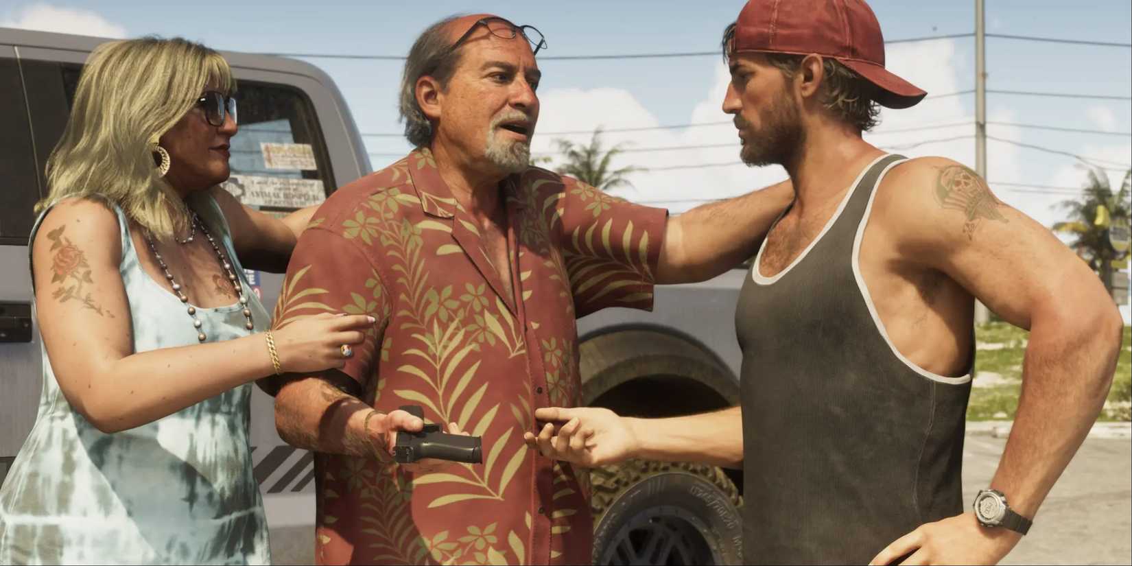 Brian handing Jason a gun as Brian's wife wraps her arms around him in GTA 6.