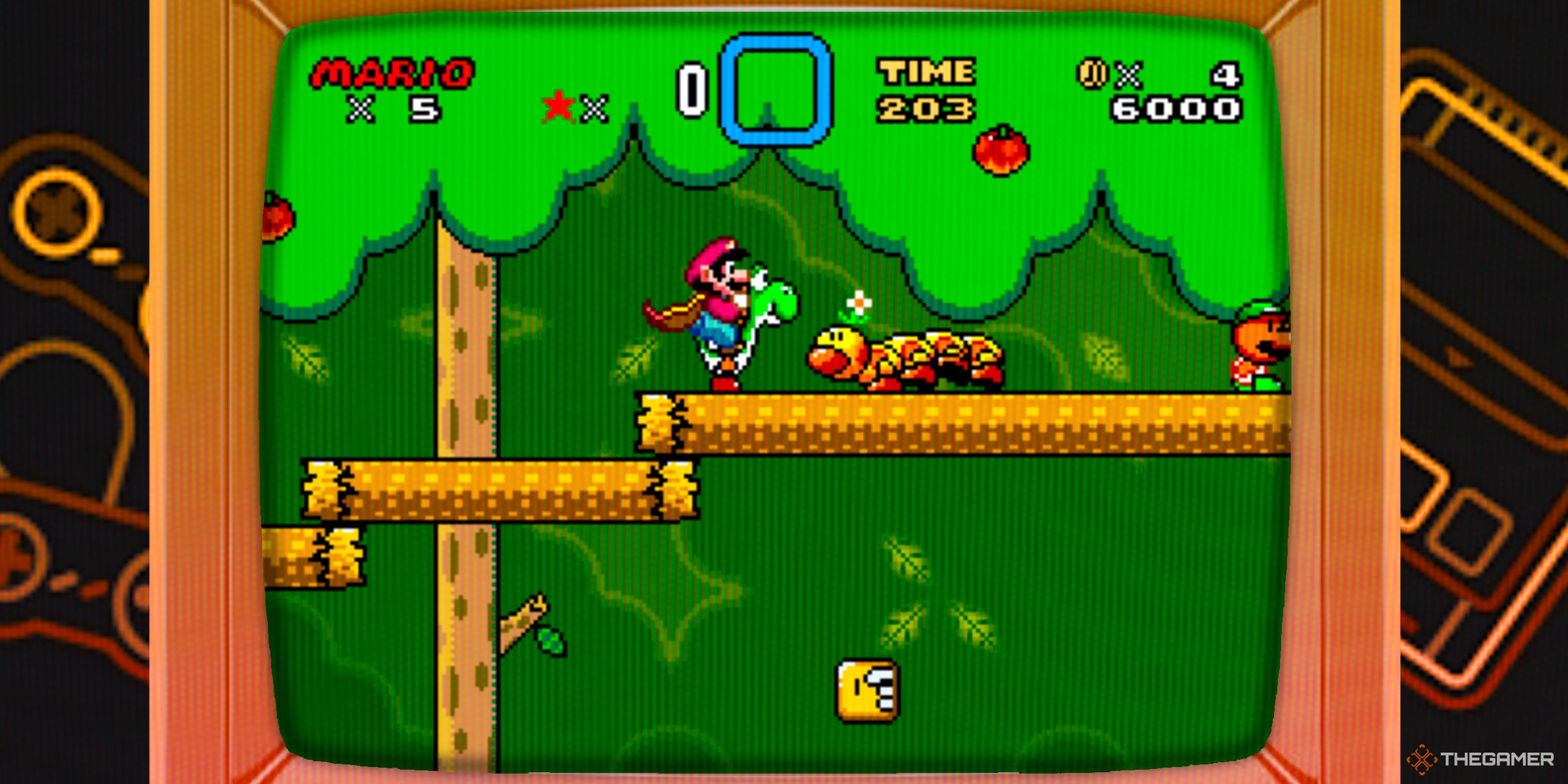 Cape Feather Mario riding on Yoshi in a forest level in Super Mario World inside of a CRT TV.