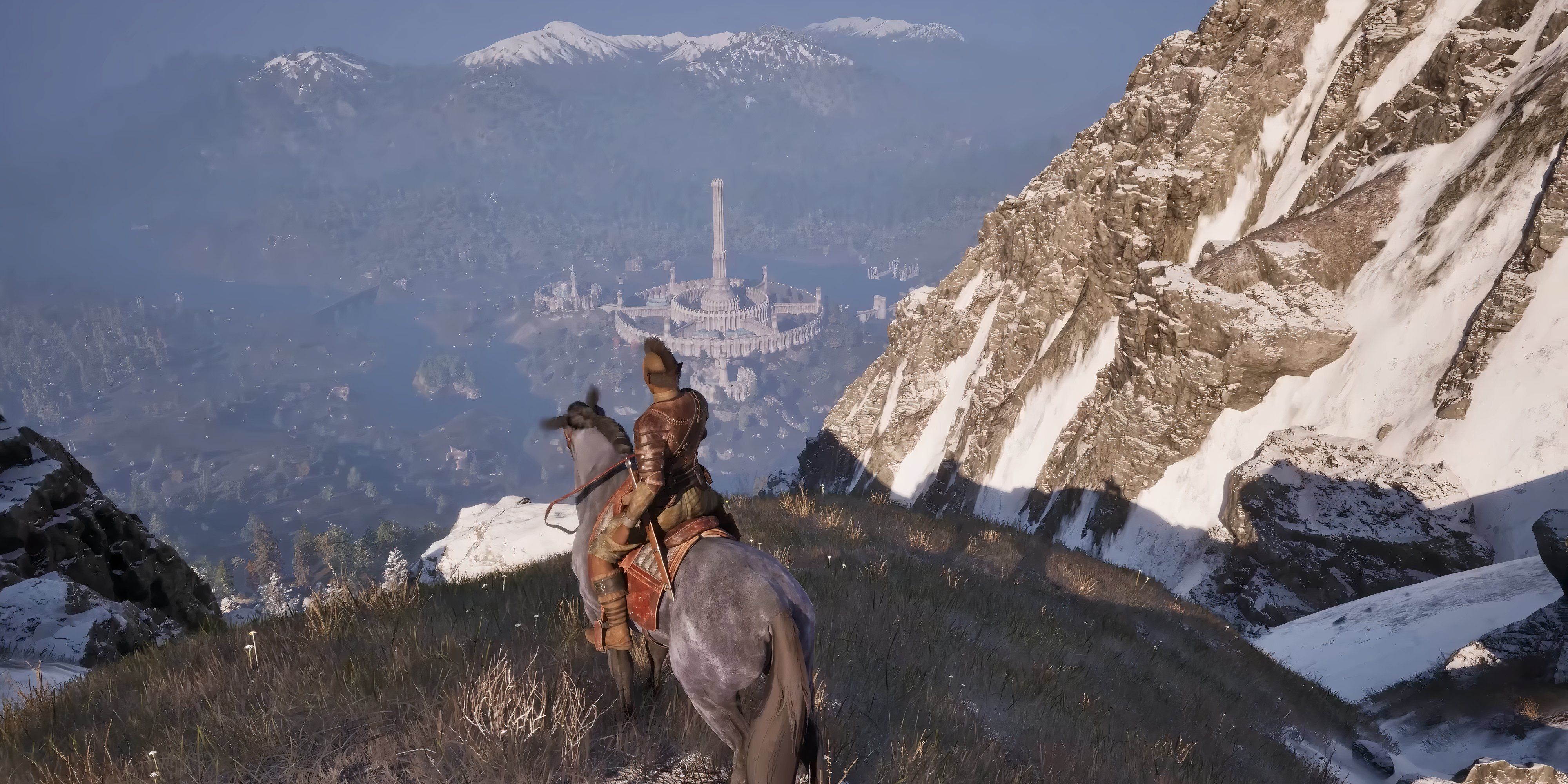 character on a horse overlooking oblivion city.
