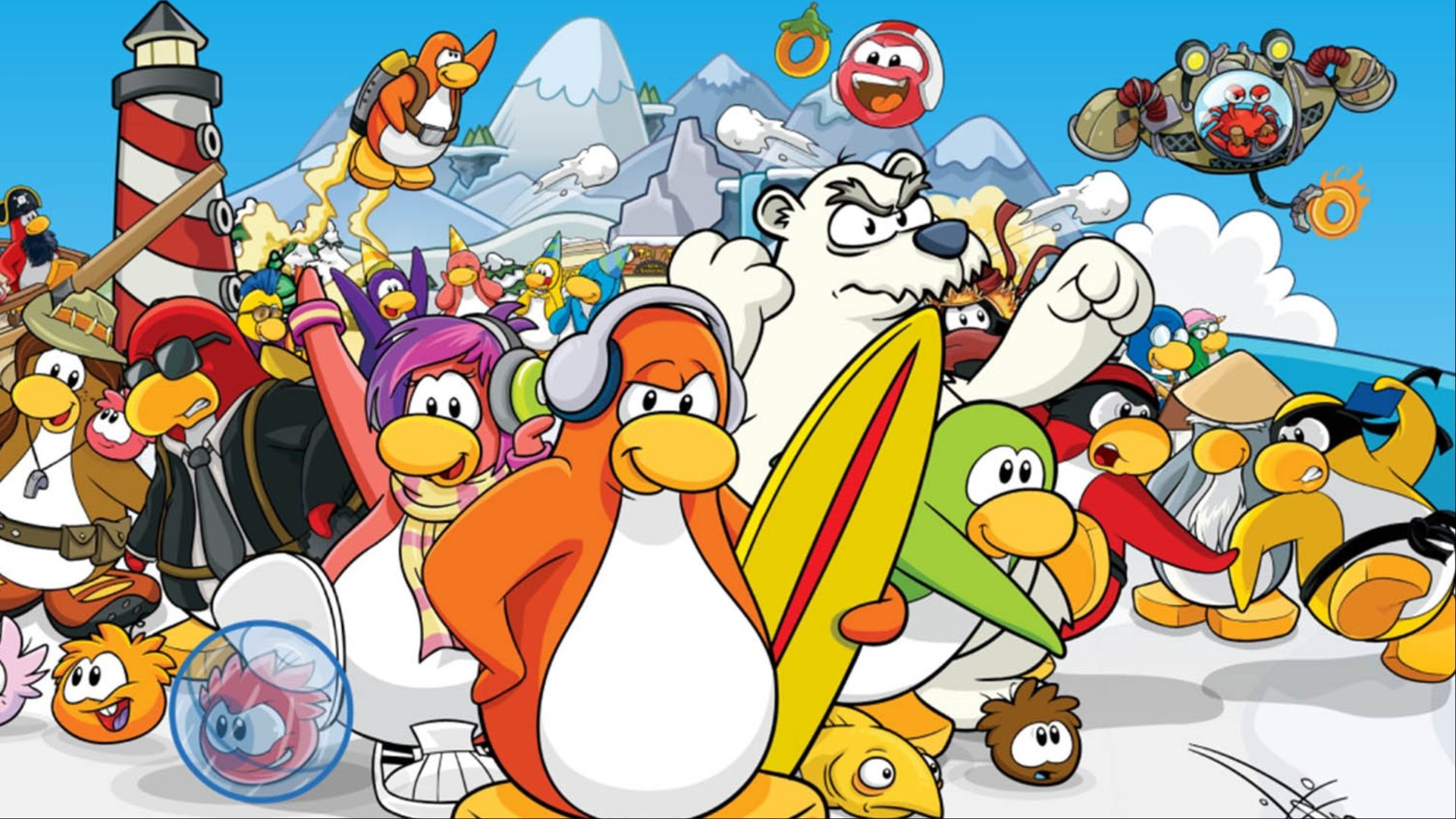 Several penguins and other characters from Club Penguin show key art.