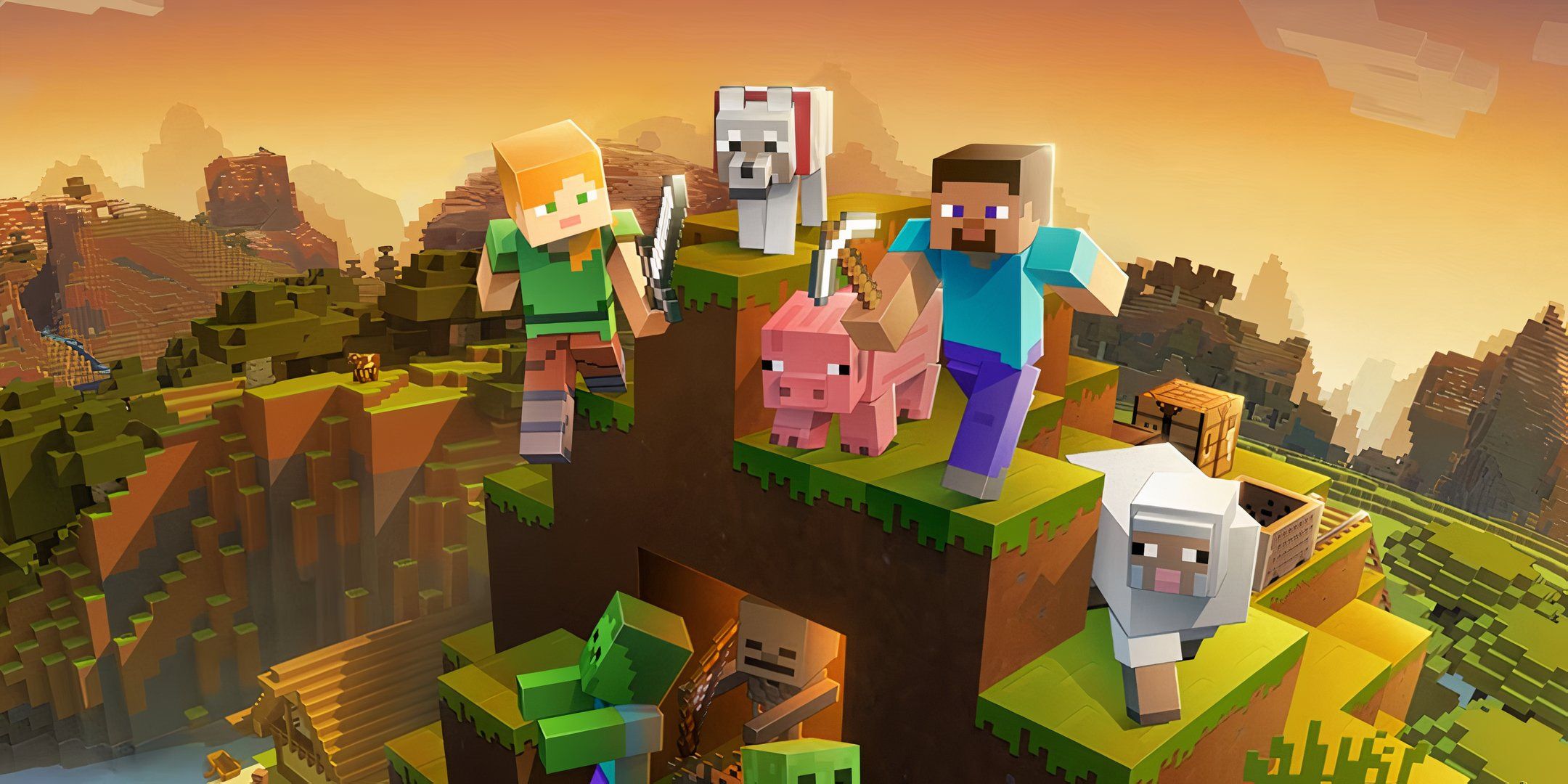 Steve and friends stand on a peak in the world of Minecraft.