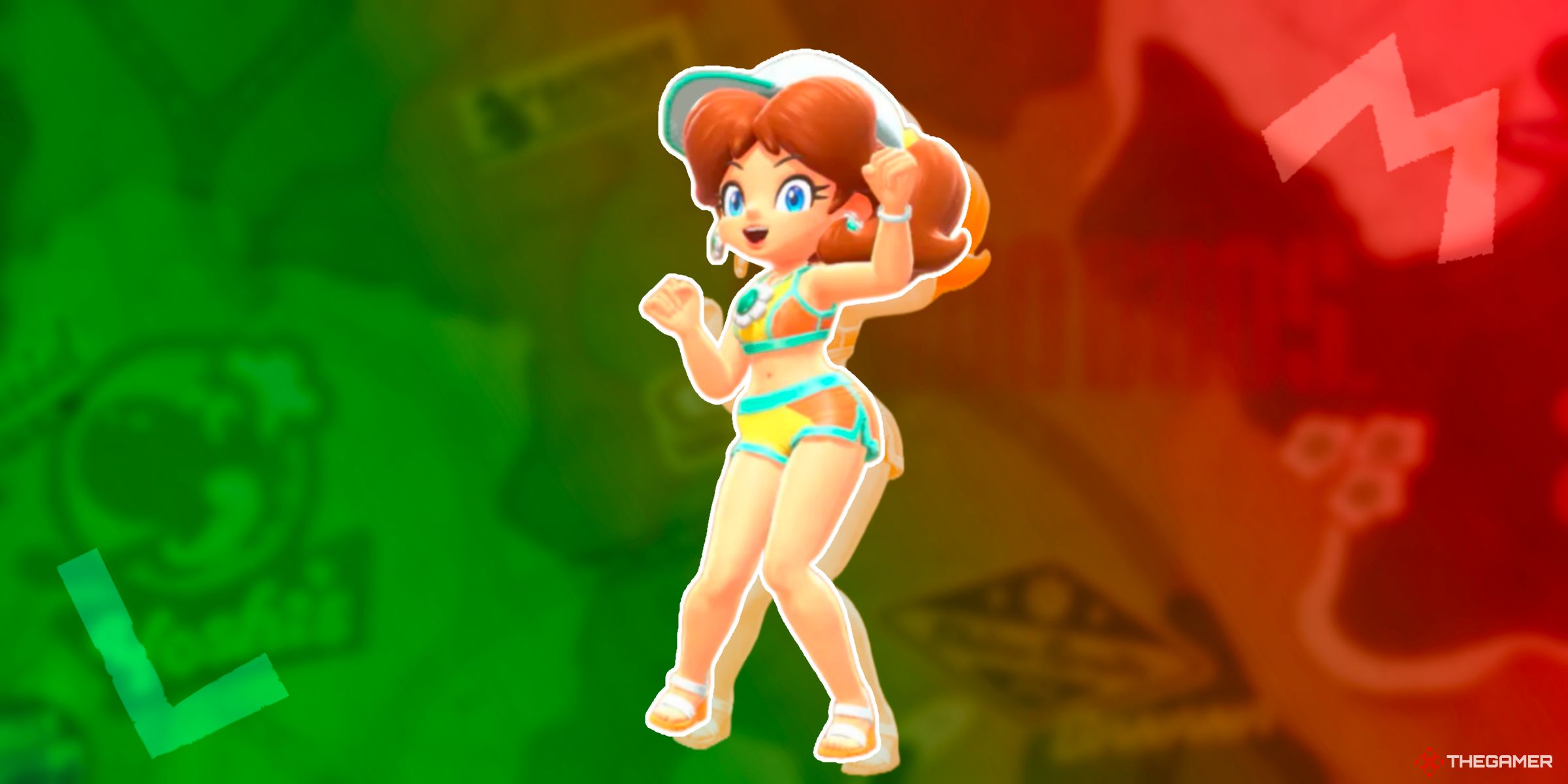 Daisy wearing her Swimwear outfit on top of a Mario and Luigi themed map from Mario Kart World.