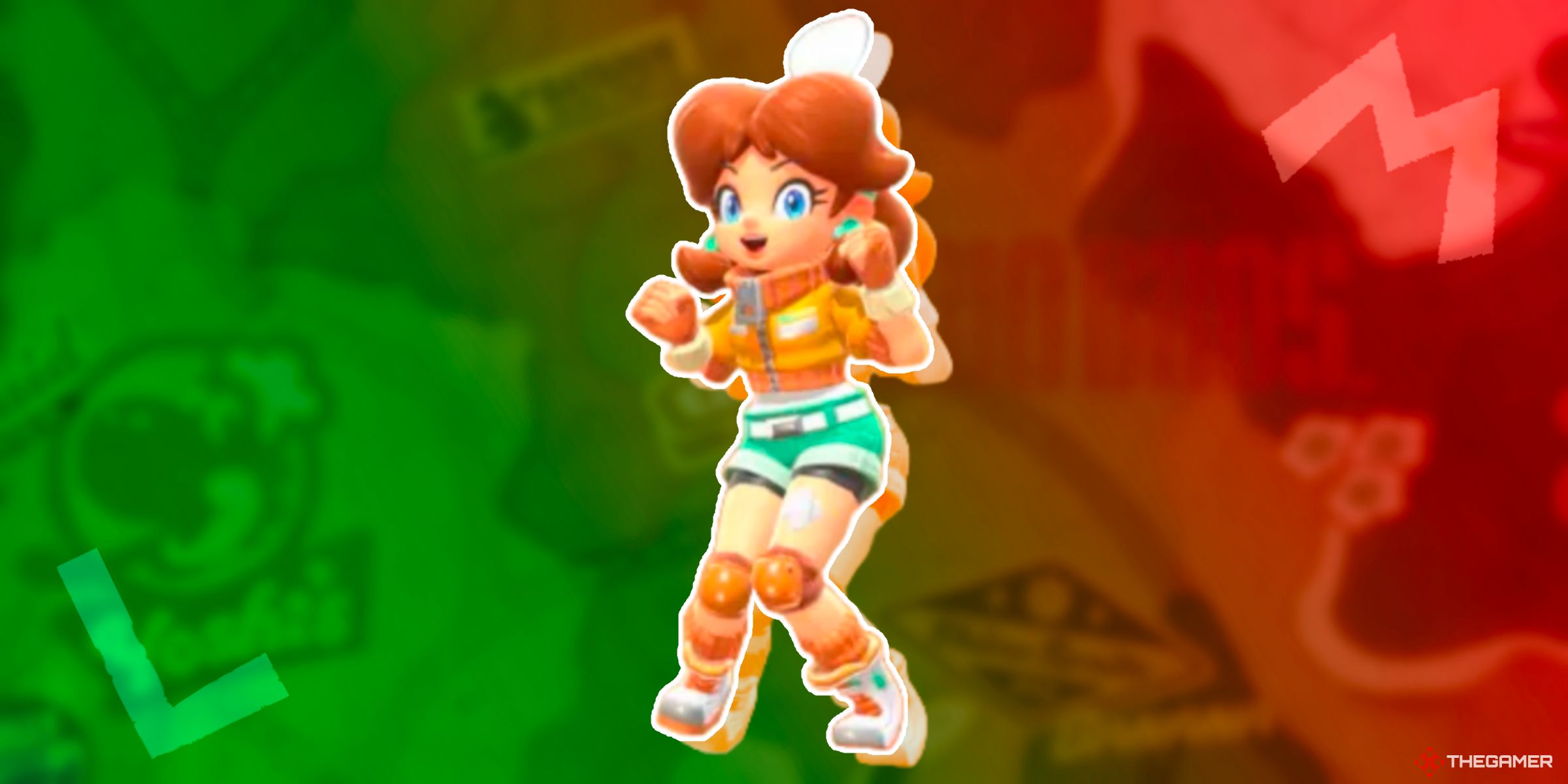 Daisy wearing her Touring outfit on top of a Mario and Luigi themed map from Mario Kart World.