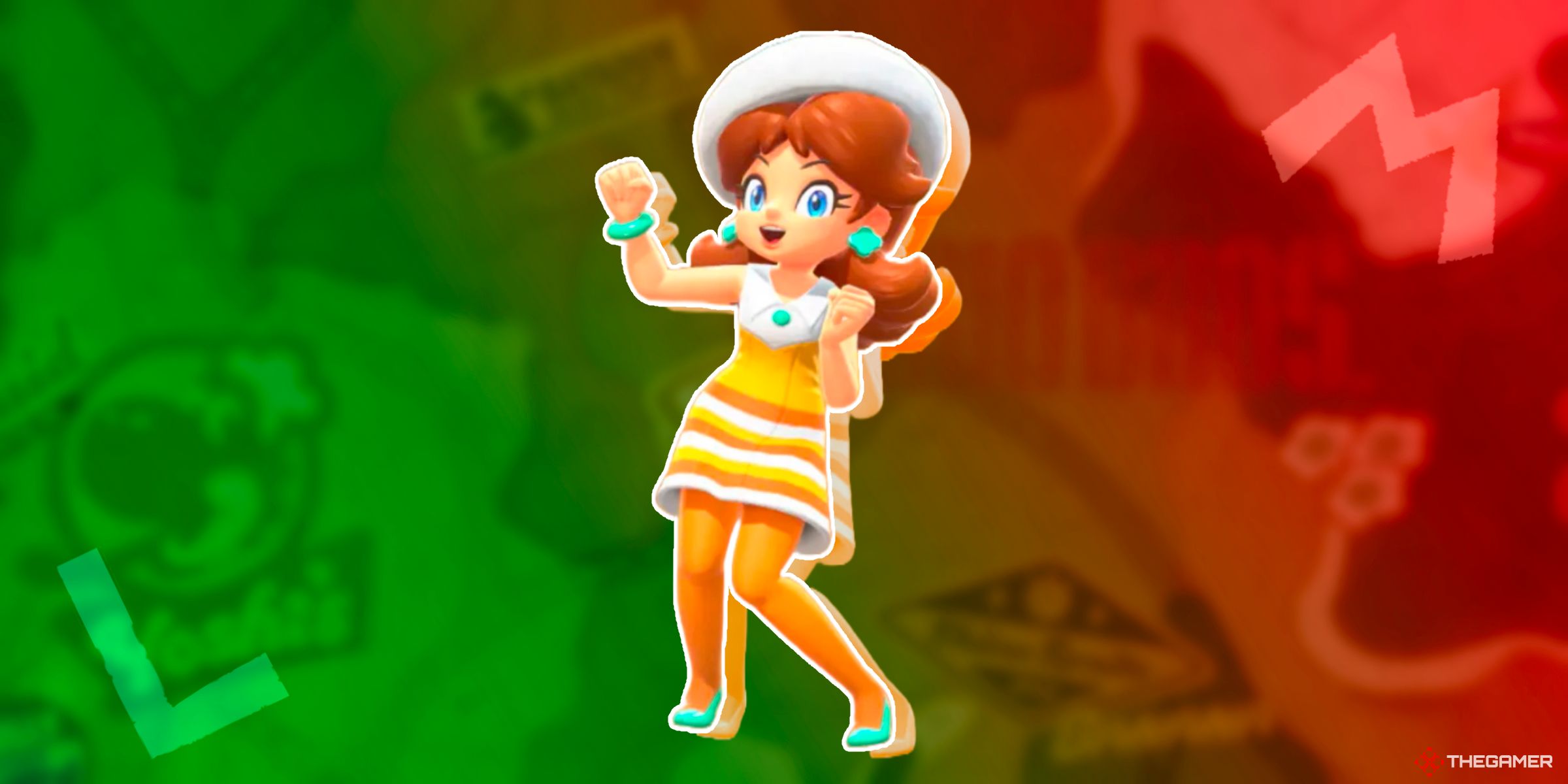 Daisy wearing her Vacation outfit on top of a Mario and Luigi themed map from Mario Kart World.