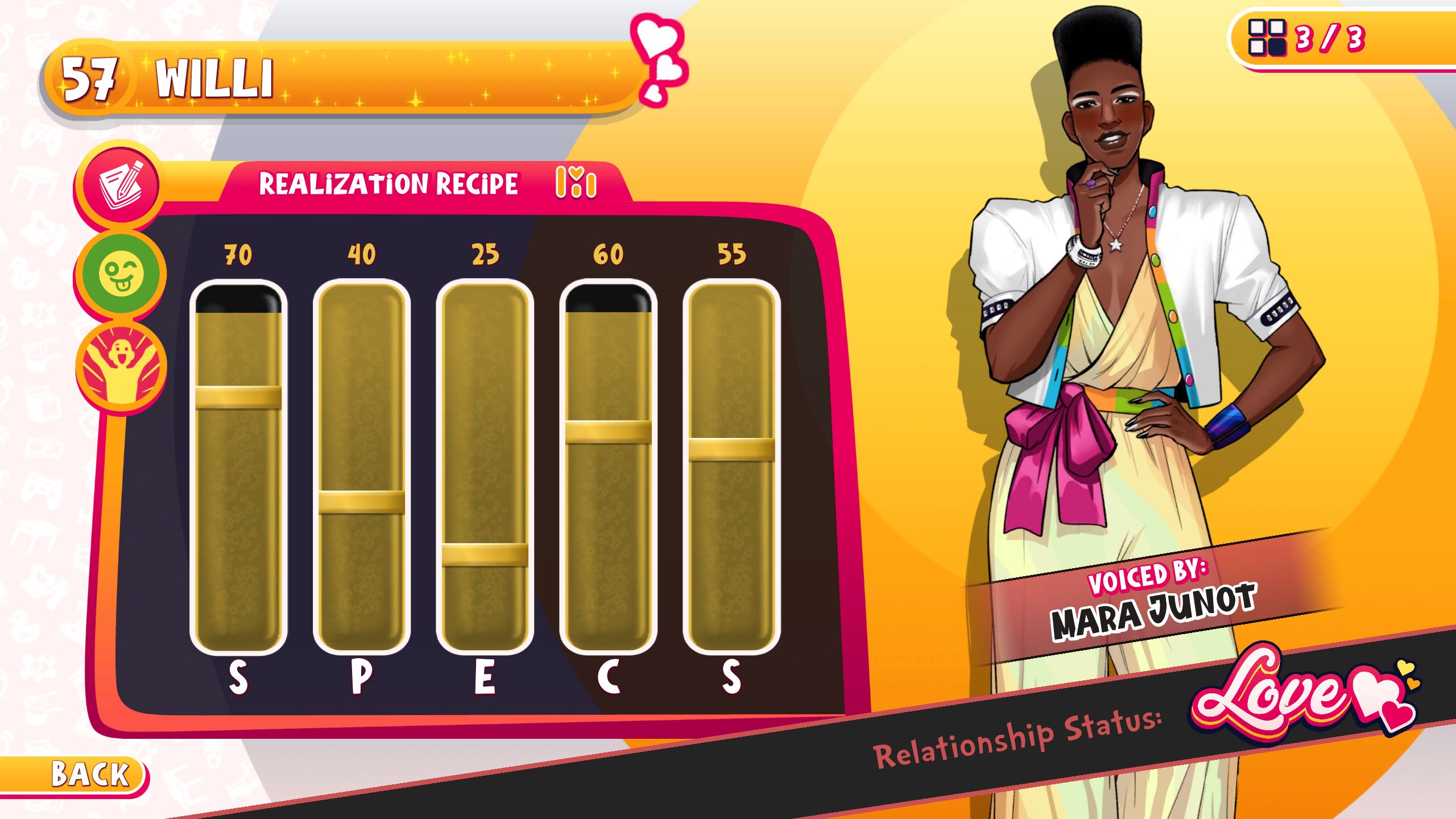 Willi's Realization requirements menu in Date Everything!