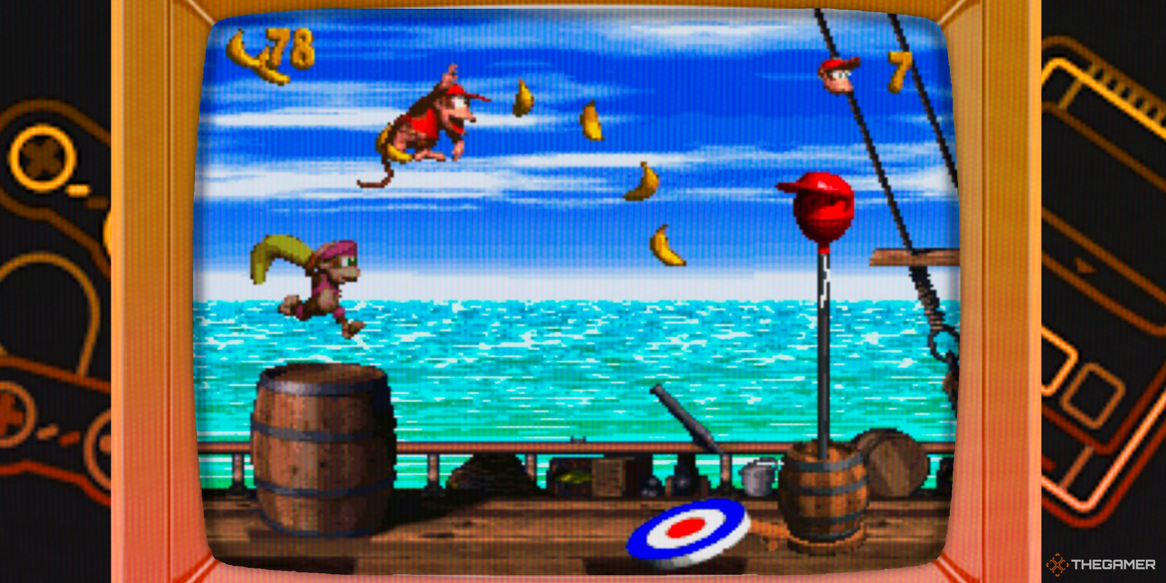 Diddy Kong and Dixie Kong at the end of a ship themed level in Donkey Kong Country 2: Diddy Kong's Quest inside of a CRT TV.