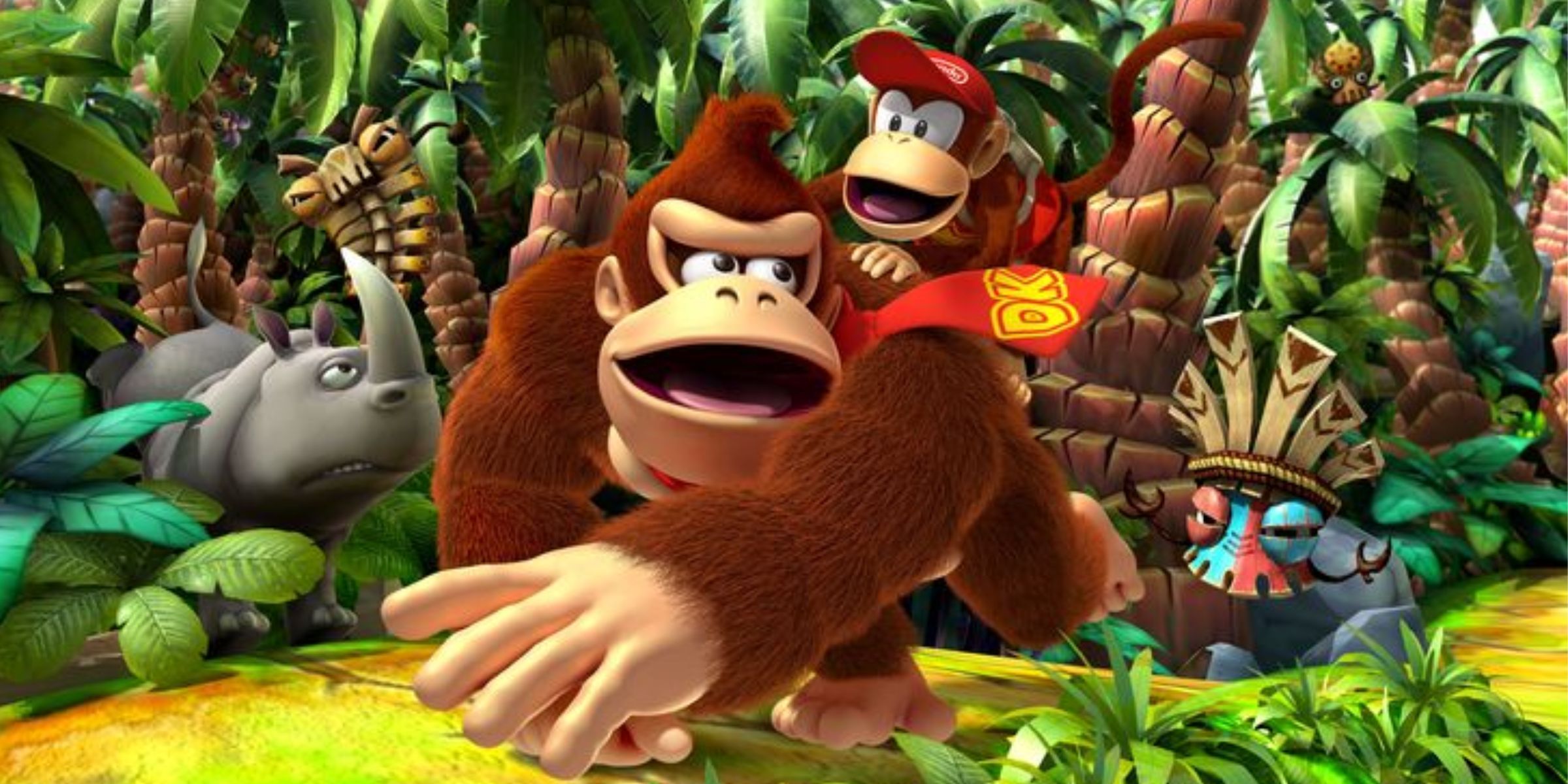 Donkey Kong with Diddy Kong riding on his back through the jungle in Donkey Kong Country Returns main art.