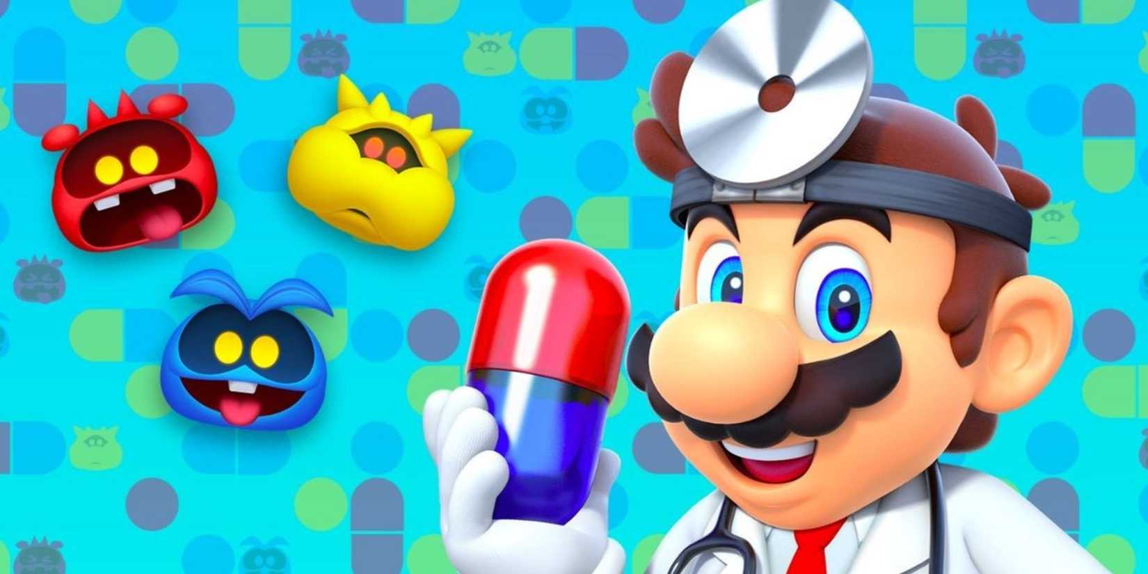 Dr. Mario holding a Mega Vitamin alongside the three viruses from Dr. Mario World.