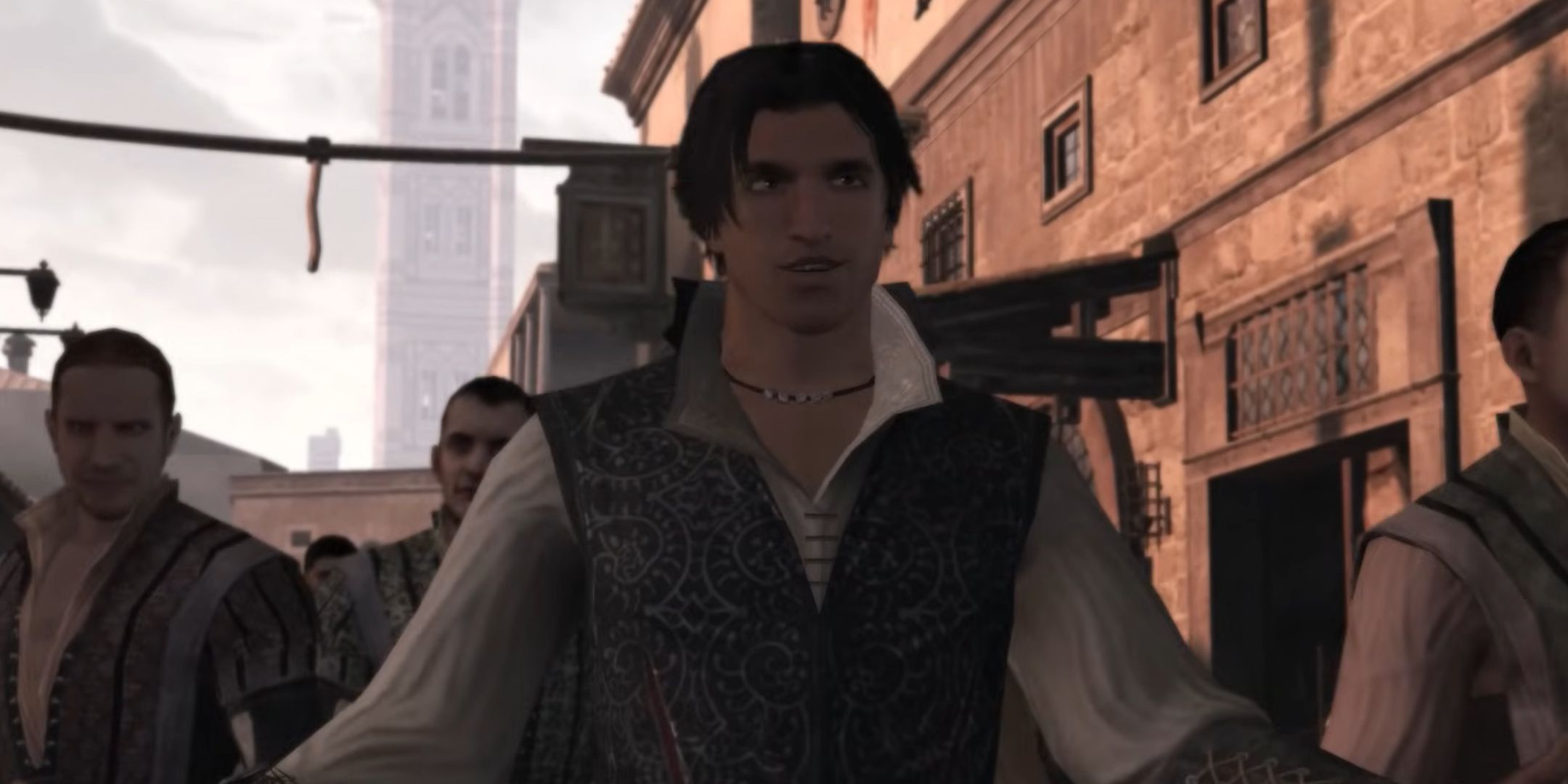 Ezio with his arms open in Assassin's Creed 2.