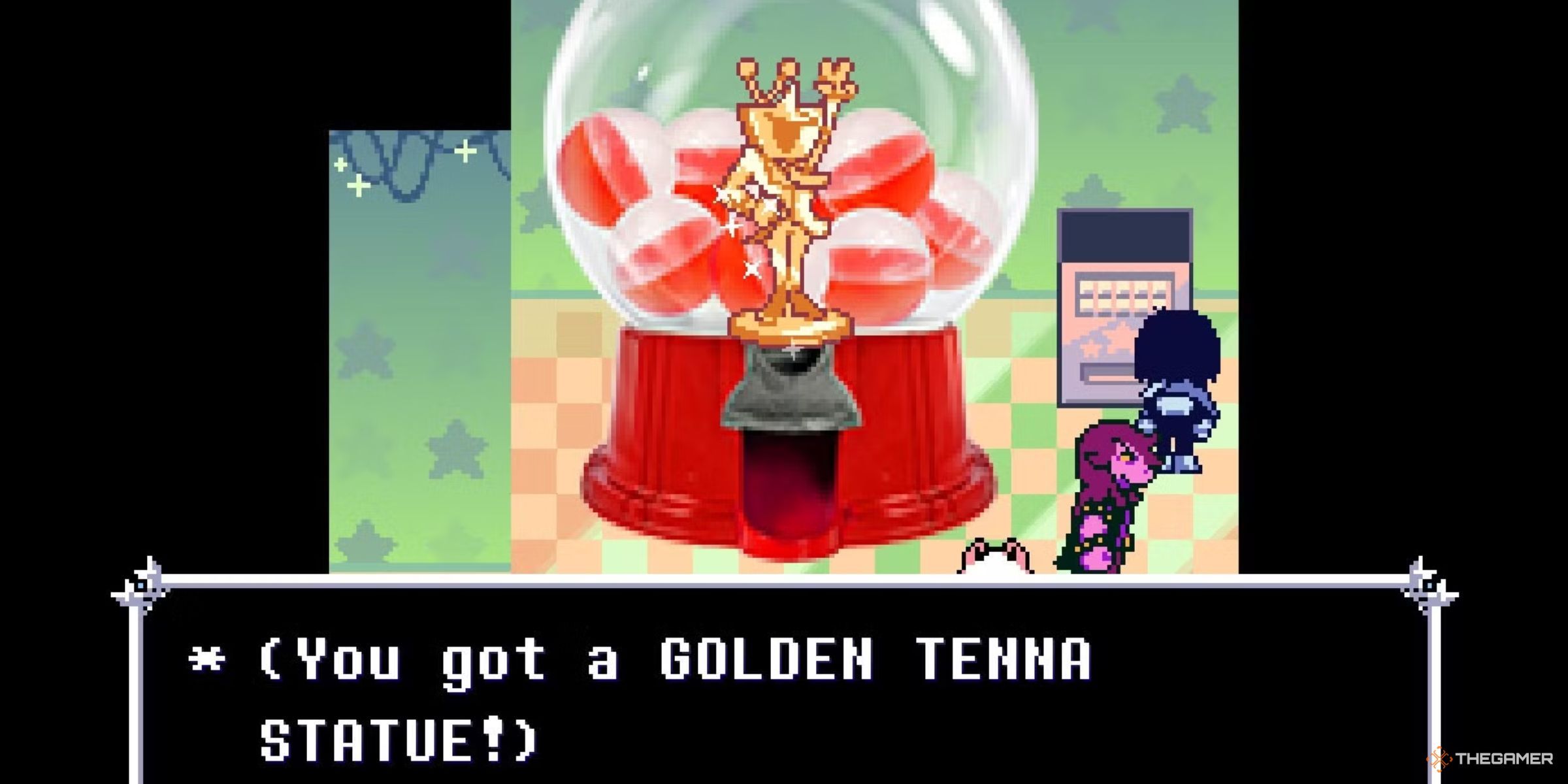 Kris receiving a Golden Tenna Statue from the Ball Machine in Deltarune Chapter 3.
