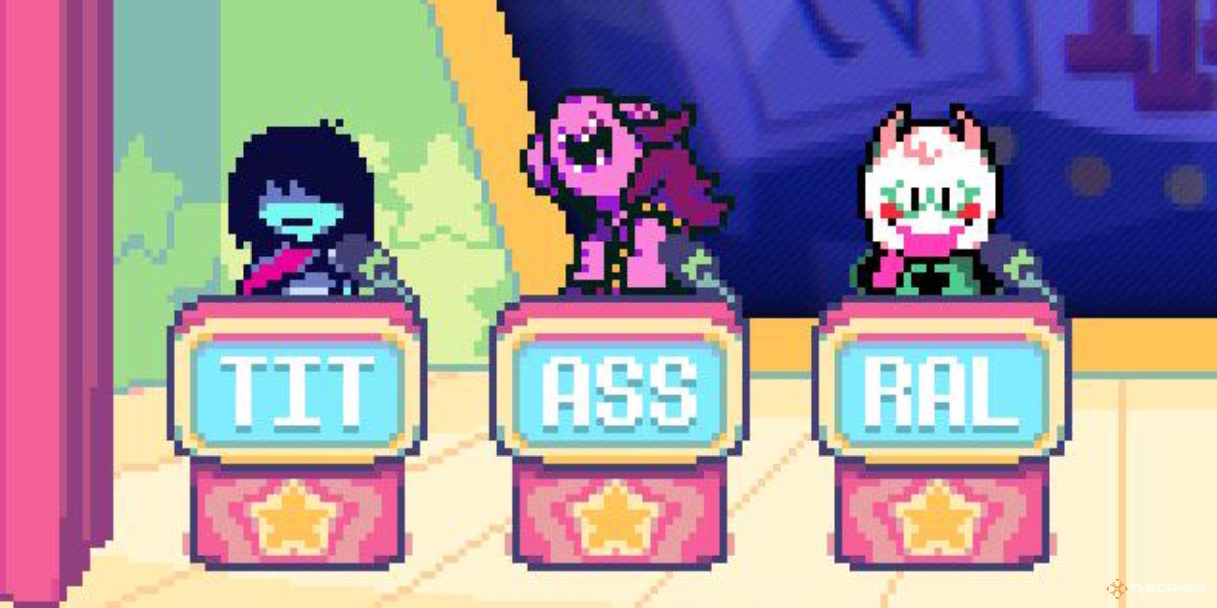 Kris, Susie and Ralsei with the contestant names TIT, ASS and RAL in Deltarune Chapter 3.