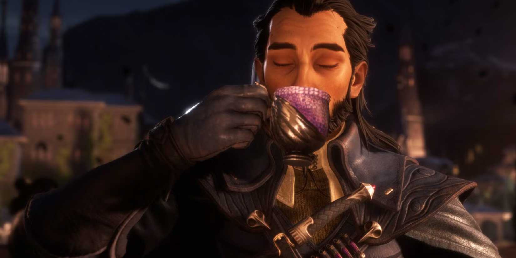Lucanis in Dragon Age Veilguard sips on a cup of coffee.