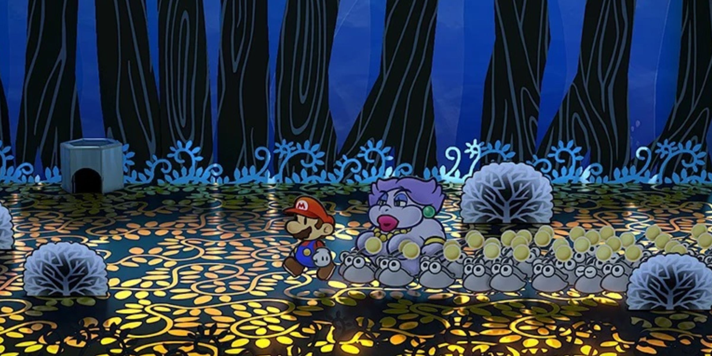 Mario and Maddam Flurrie alongside hundreds of Puni in Paper Mario: The Thousand-Year Door on Nintendo Switch.
