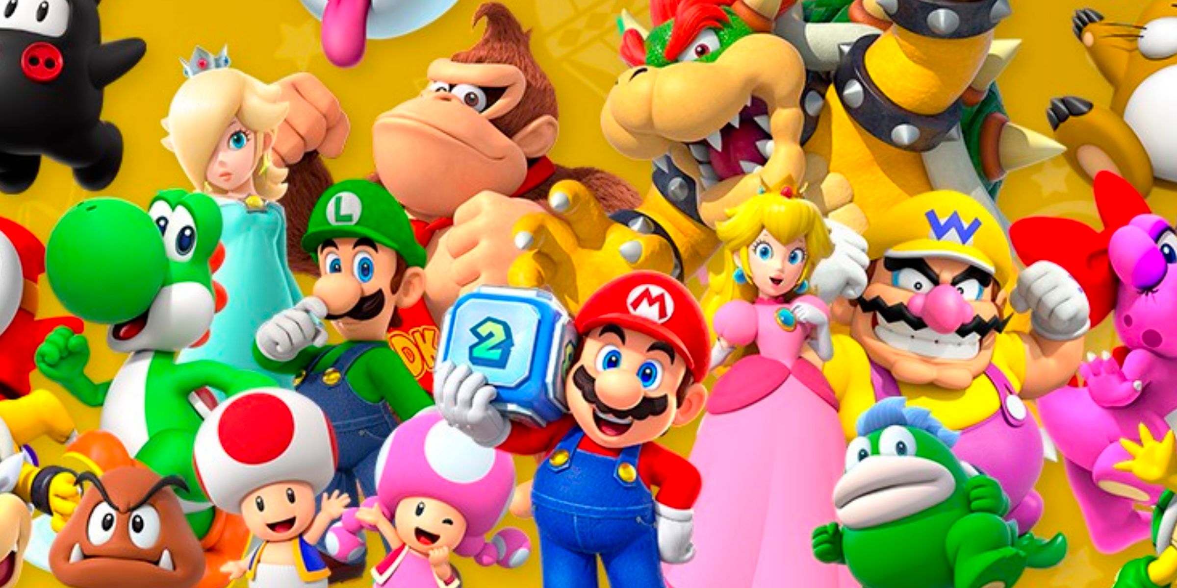 Mario Holding A Dice Block Surrounded By Super Mario Party Jamboree's Playable Cast.