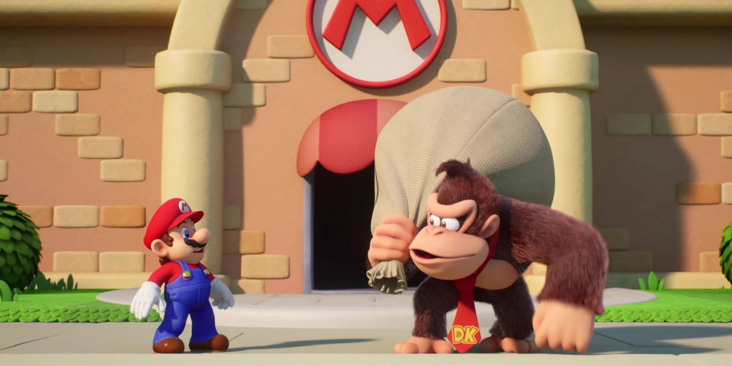 Mario looking over at Donkey Kong in shock as DK is stealing the Mini-Mario toys in Mario Vs. Donkey Kong on Nintendo Switch.
