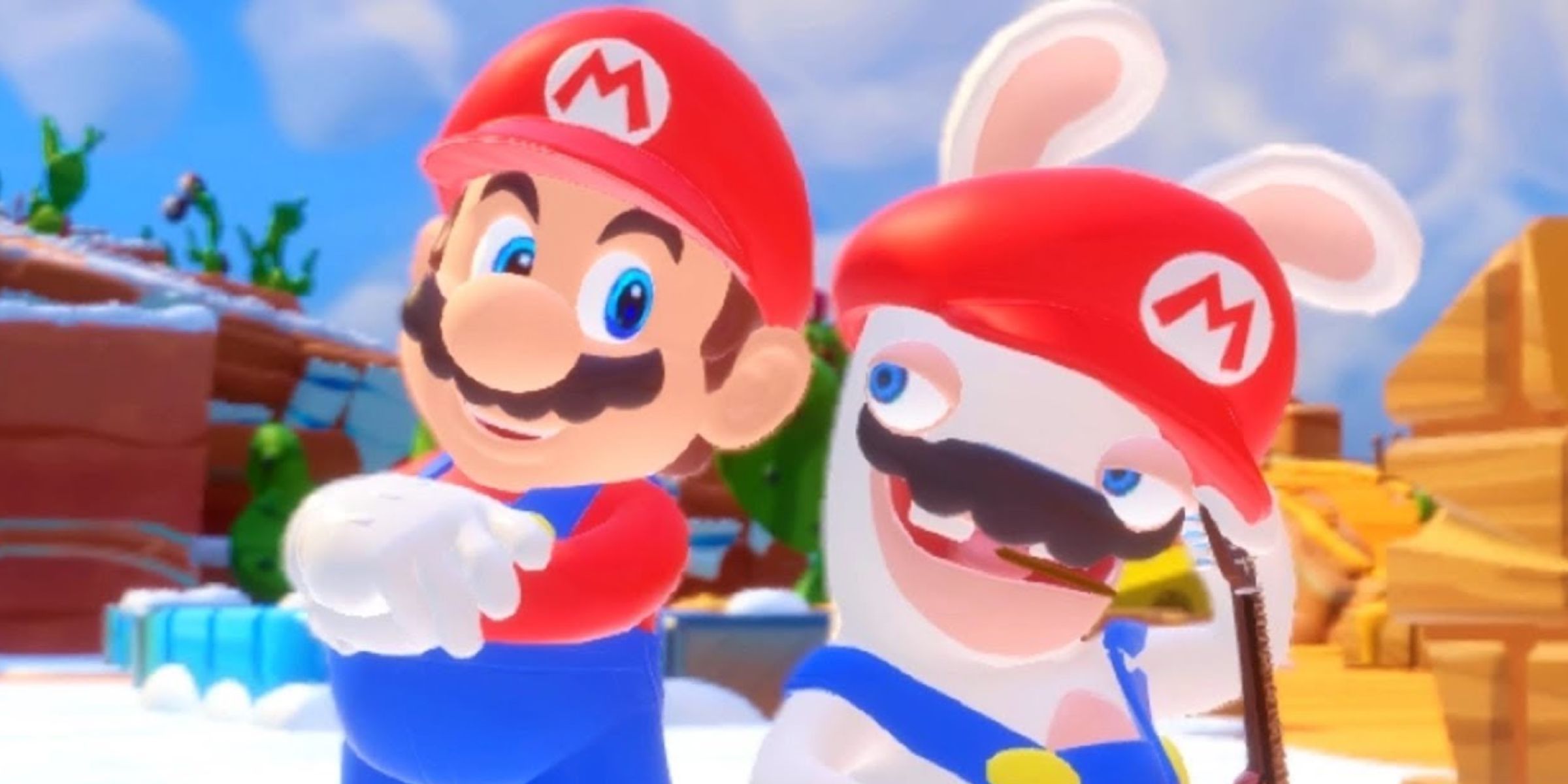 Mario posing alongside Rabbid Mario in Mario + Rabbids Kingdom Battle.