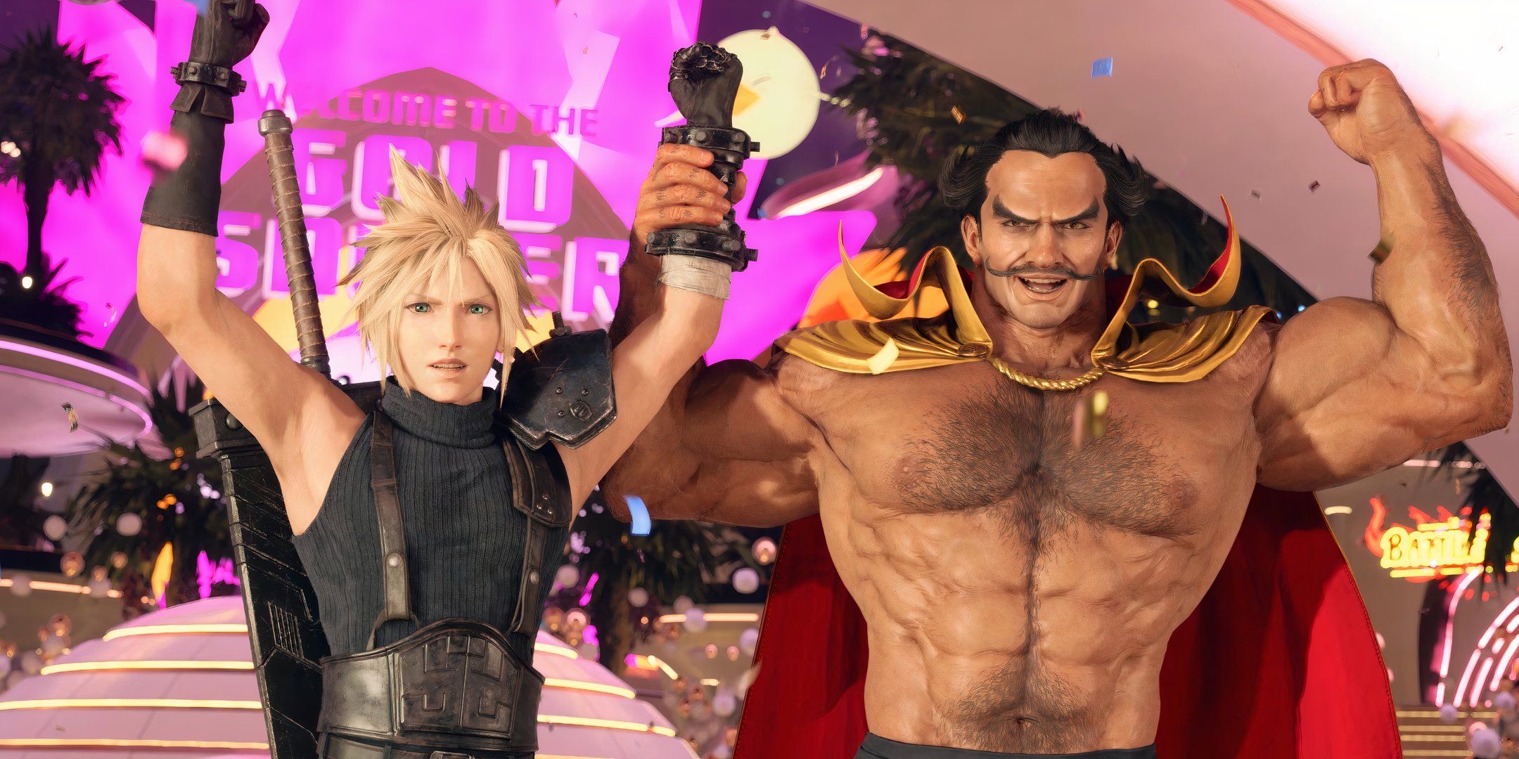 Cloud and Dio celebrate at the Gold Saucer in Final Fantasy 7 Rebirth.