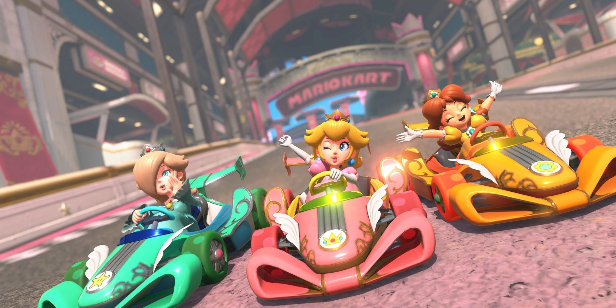 Rosalina, Peach, and Daisy in Mario Kart World