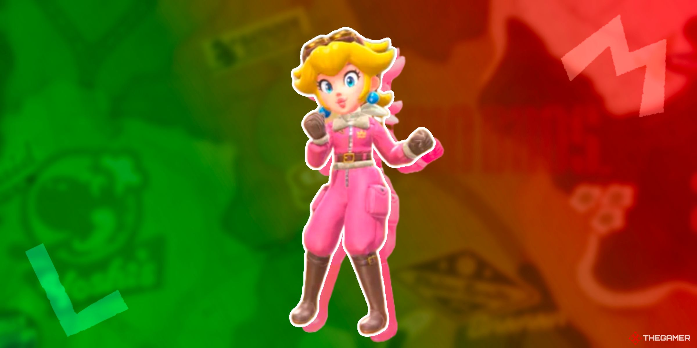 Peach wearing her Aviator outfit on top of a Mario and Luigi themed map from Mario Kart World.