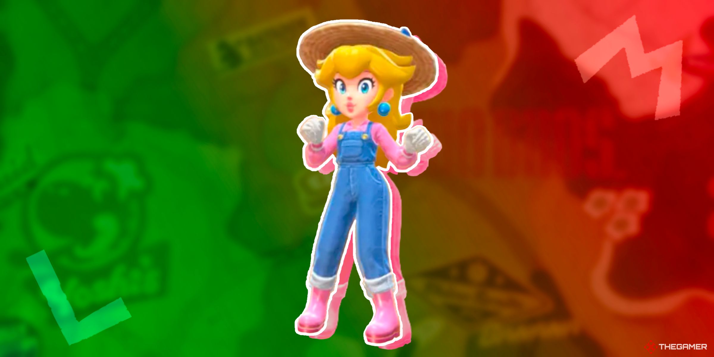 Peach wearing her Farmer outfit on top of a Mario and Luigi themed map from Mario Kart World.