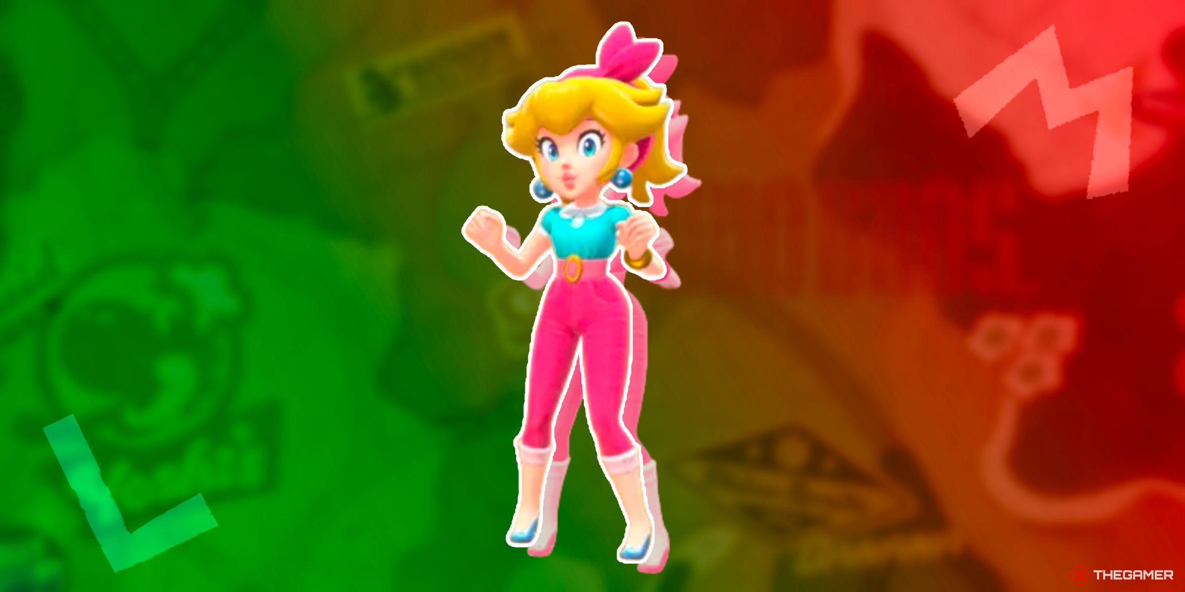 Peach wearing her Sightseer outfit on top of a Mario and Luigi themed map from Mario Kart World.