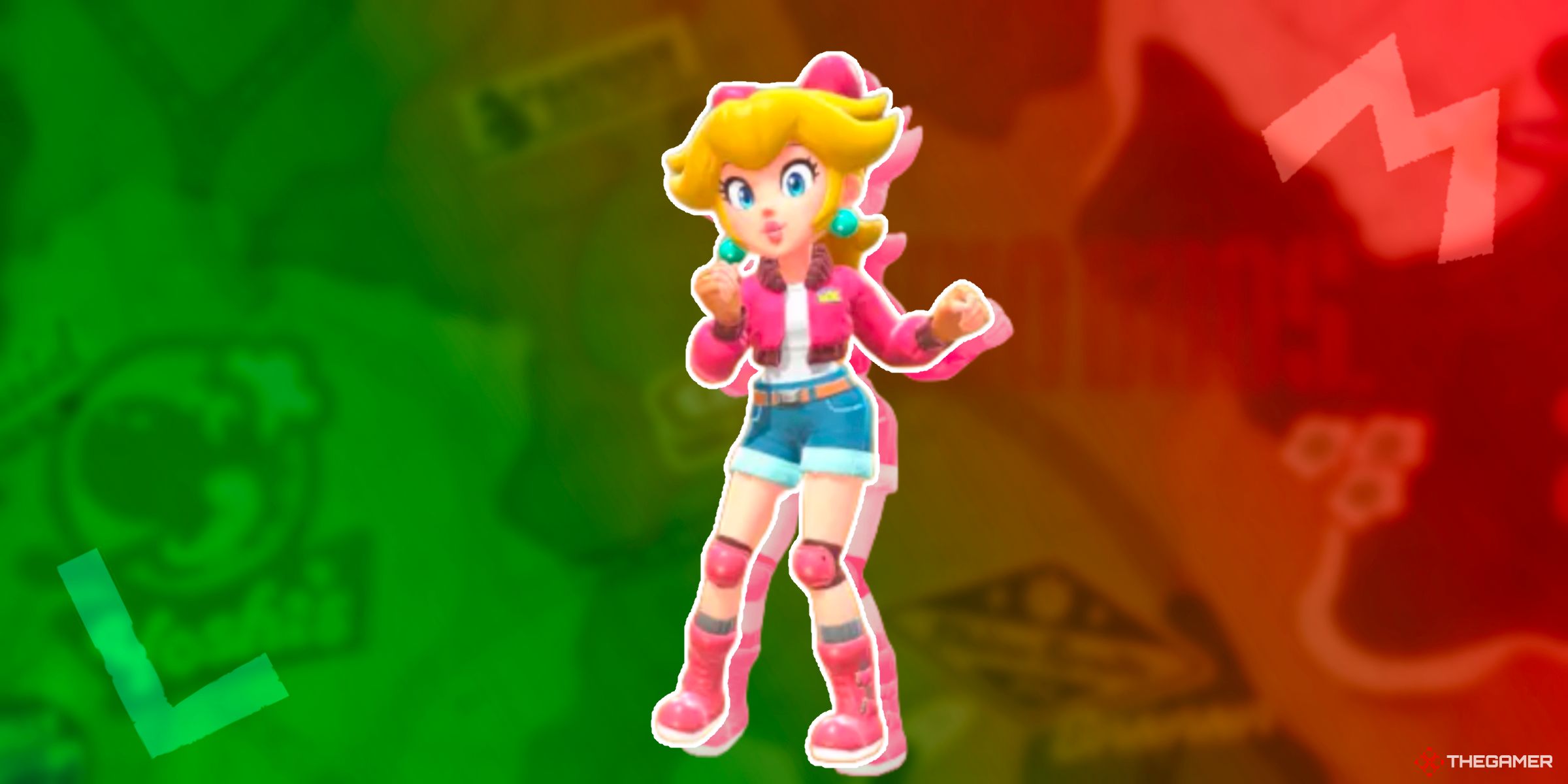 Peach wearing her Touring outfit on top of a Mario and Luigi themed map from Mario Kart World.