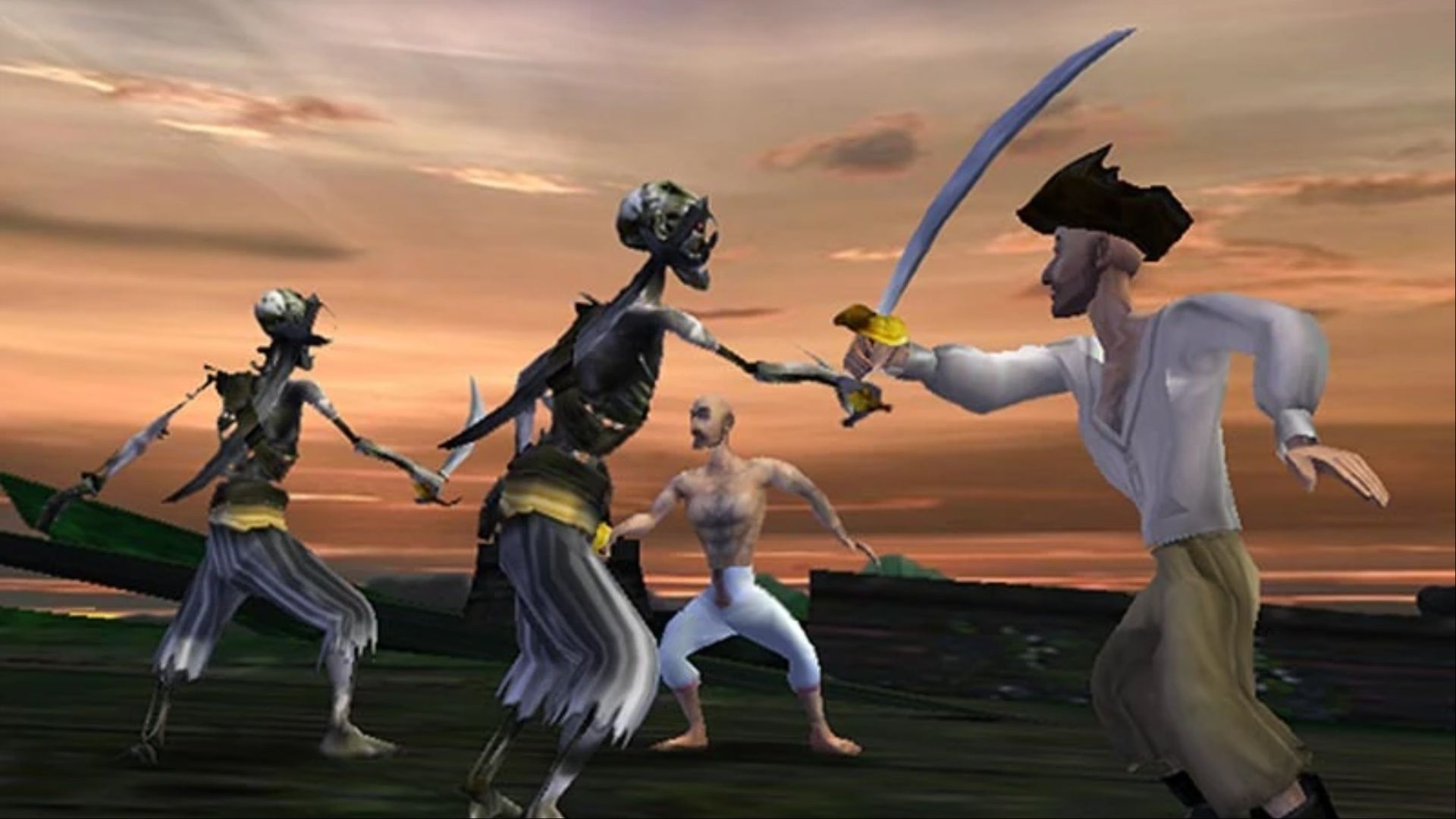 Pirates are fighting a group of skeletons on the coast in the Pirates of the Caribbean online.