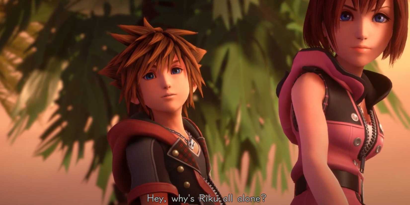 Sora looks behind Kairi when they look at something behind the camera in Kingdom Hearts 3.