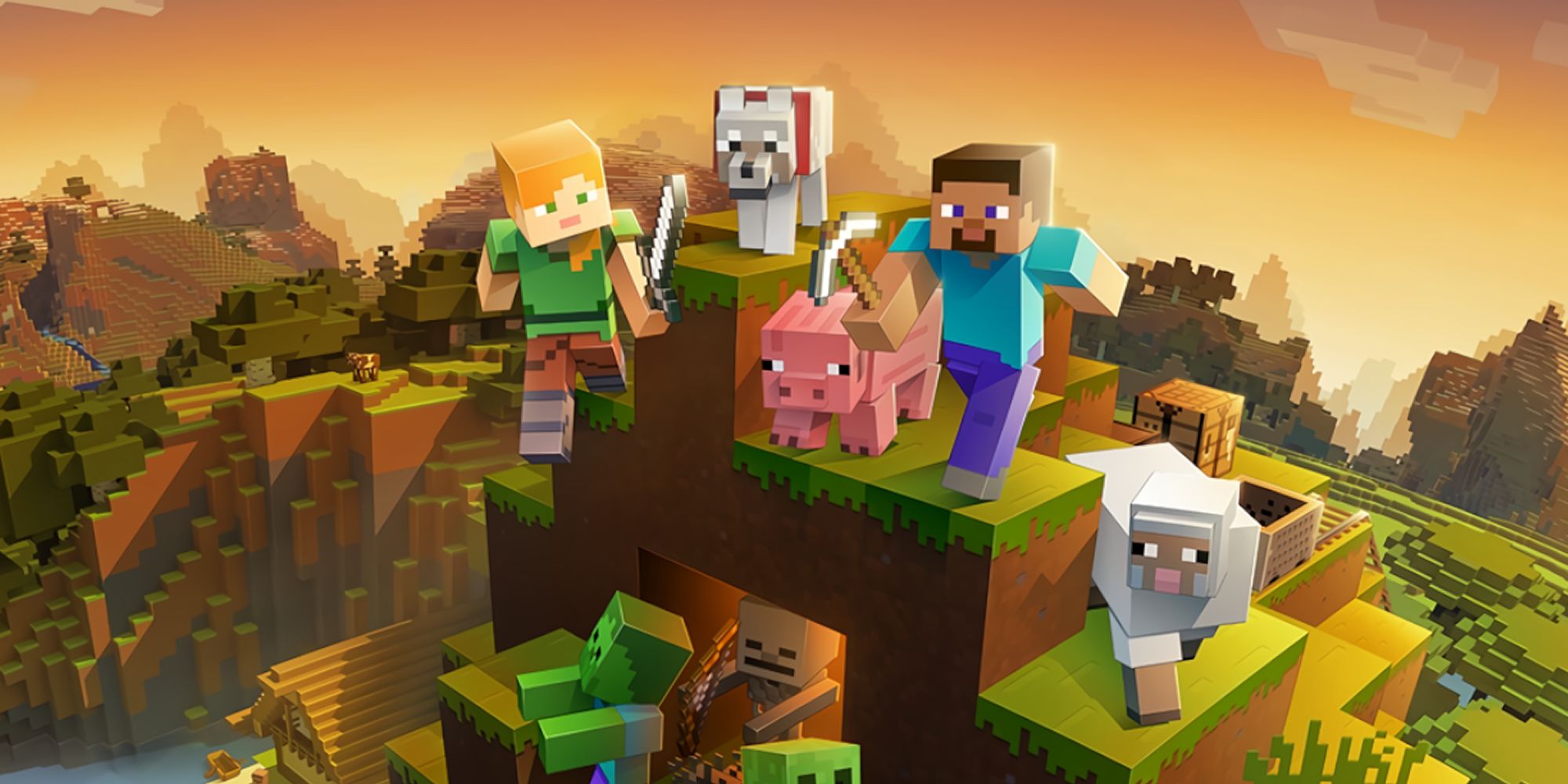 Steve and friends stand on a peak in the world of Minecraft.