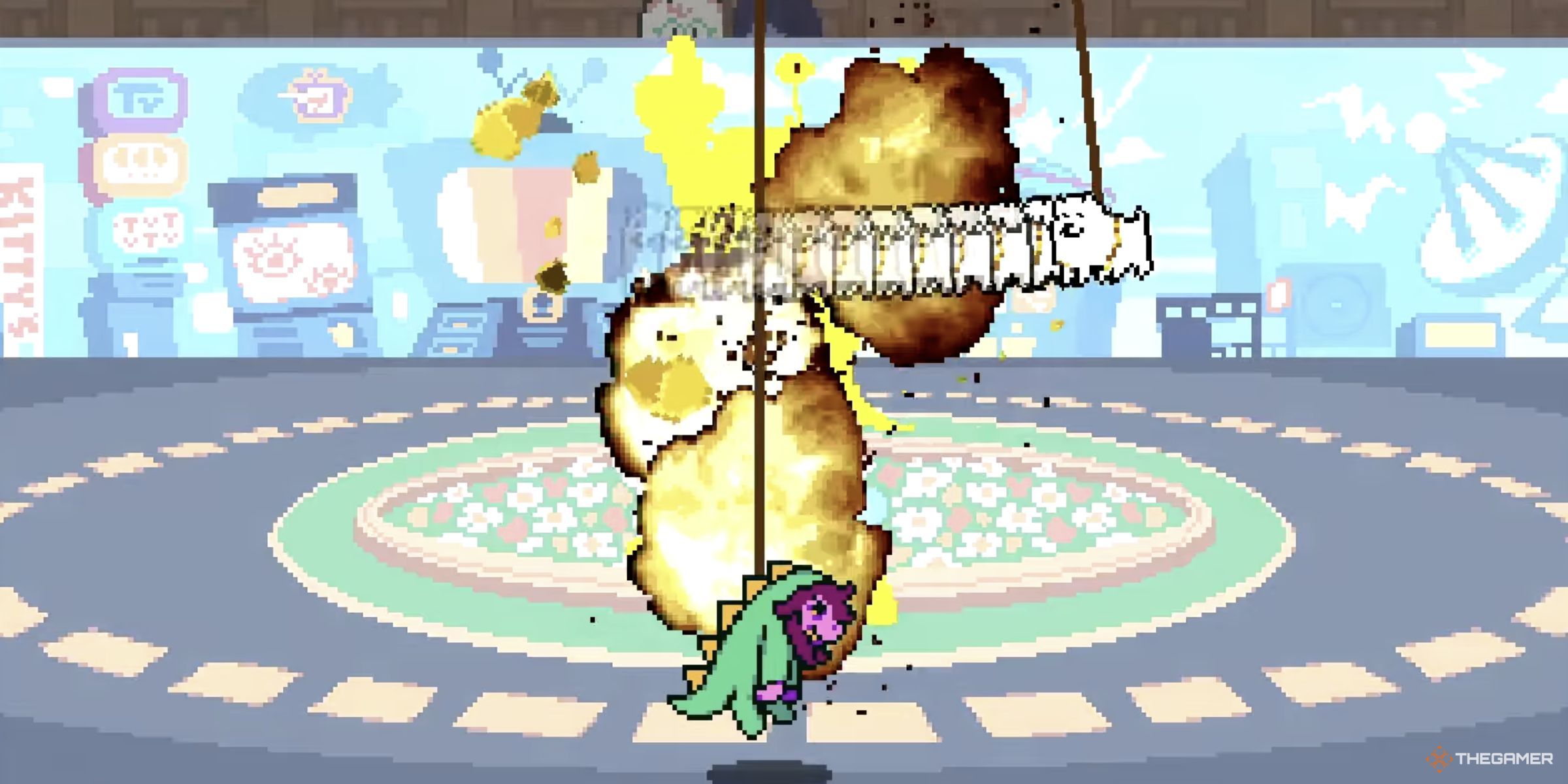 Susie in her Susiezilla costume being controlled on a rope by Kris and Ralsei as the Annoying Dog swings in and blows up a Golden Tenna Statue in Deltarune Chapter 3.
