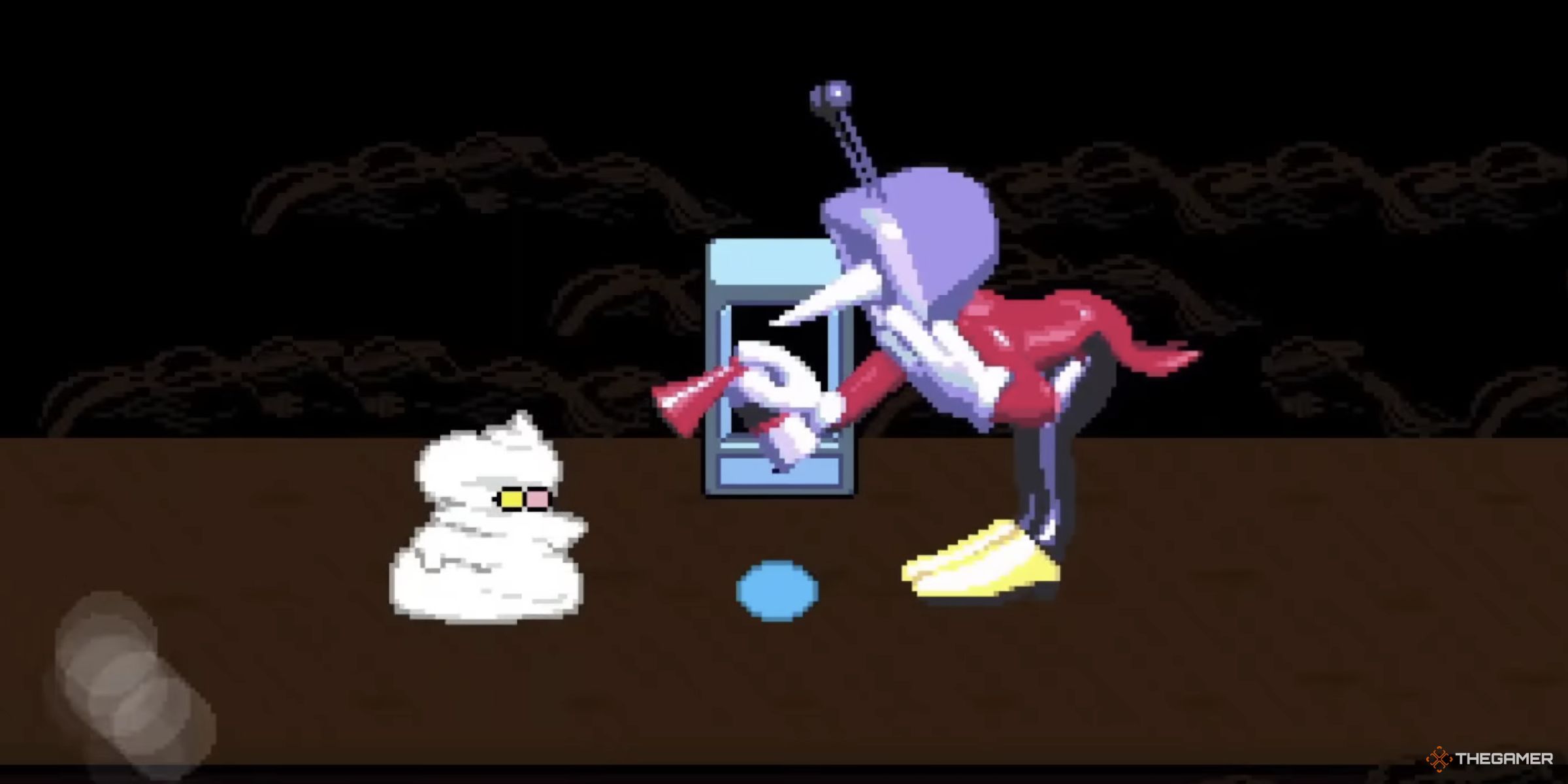 Tenna spraying Spamton with whipped cream to protect his Pipis in Deltarune Chapter 3.