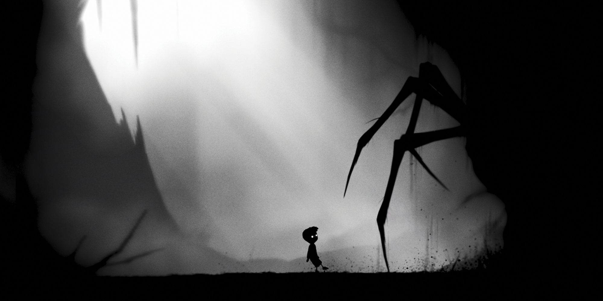 The boy backs away from a giant spider in Limbo.