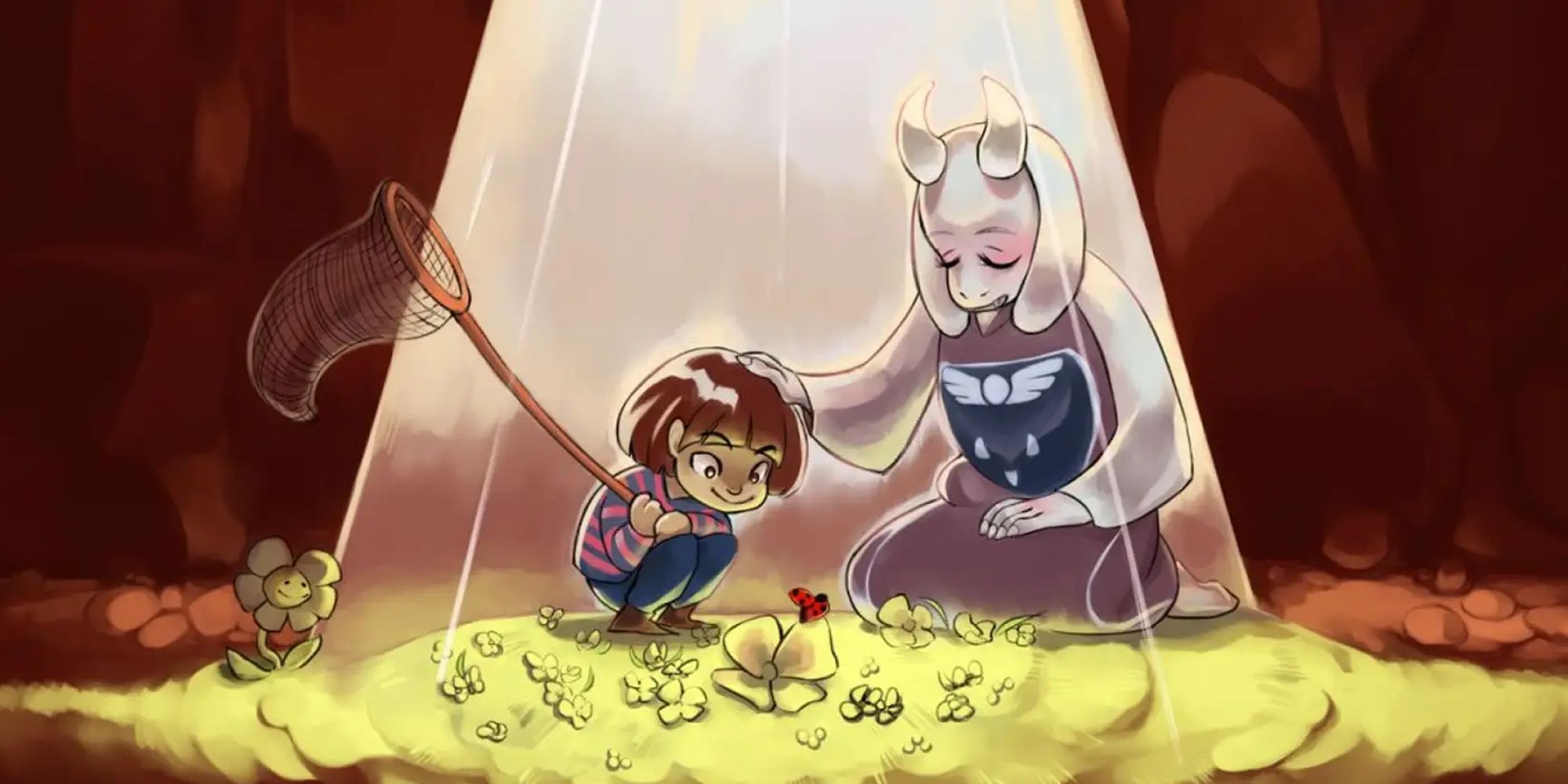 The child eyes a ladybug with Toriel in Undertale.