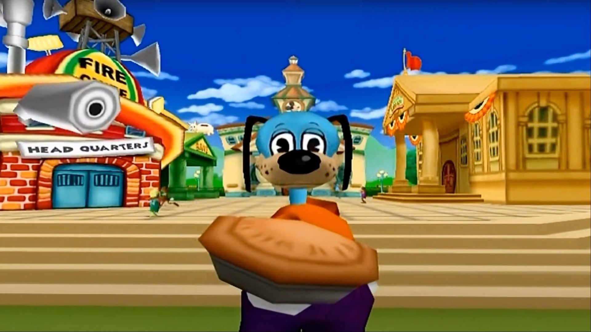 Flippy, blue dog, holds cake on the camera in toontown online.